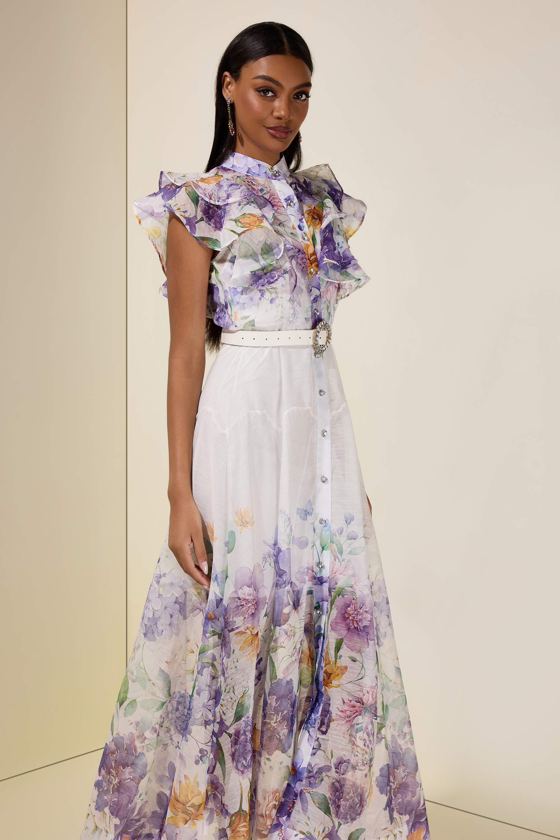 Floral Ruffle Midi Dress With Belt