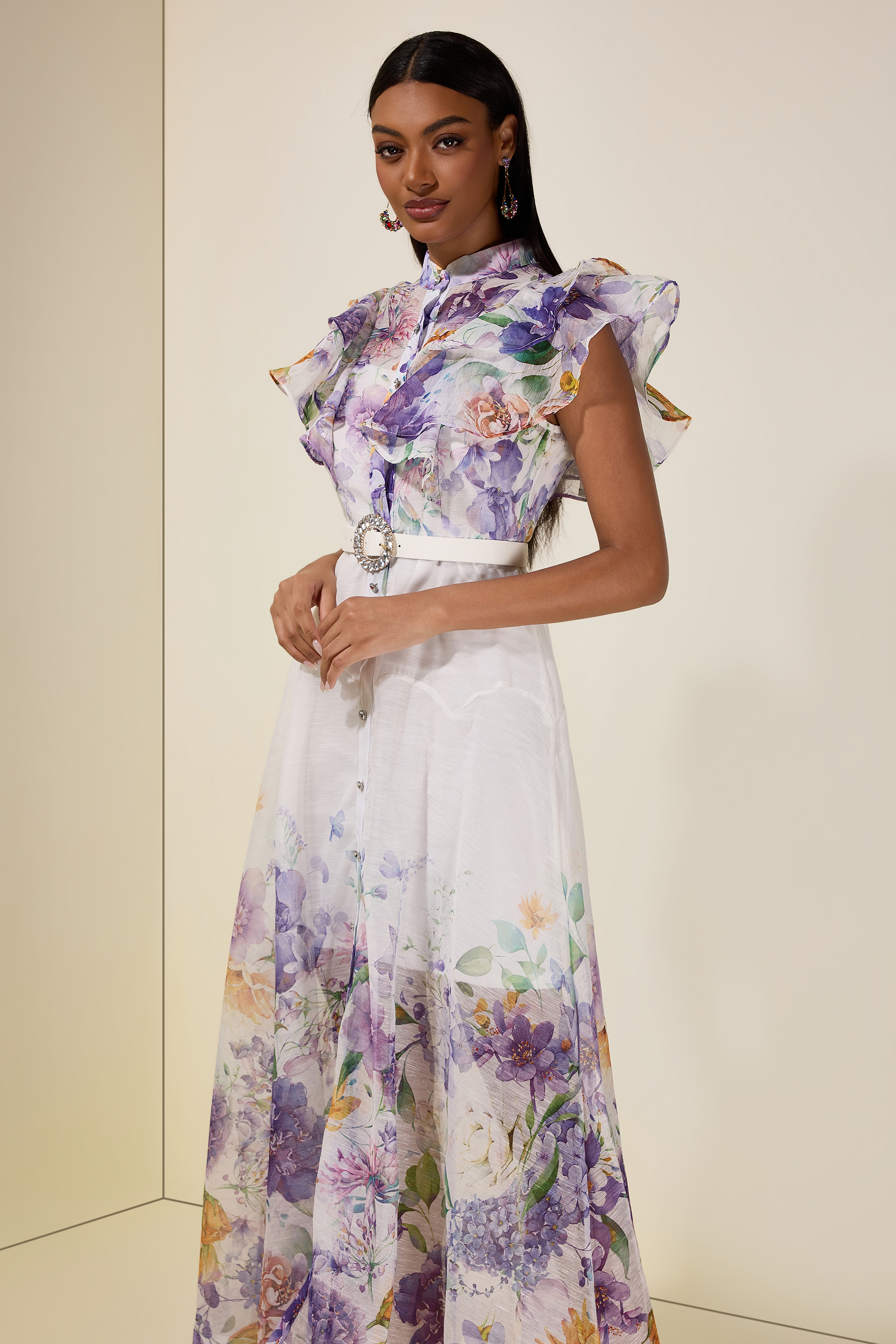 Floral Ruffle Midi Dress With Belt