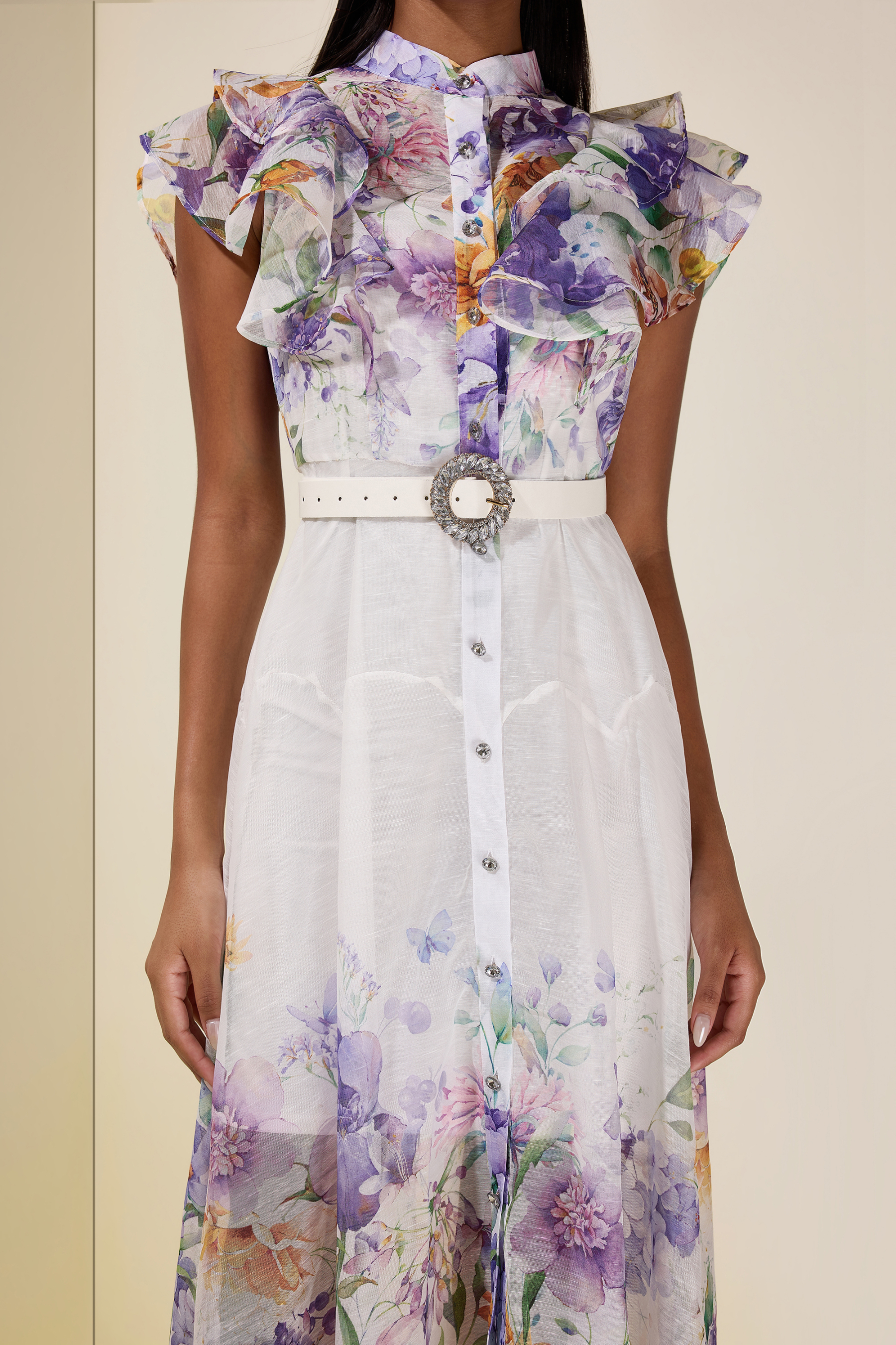 Floral Ruffle Midi Dress With Belt
