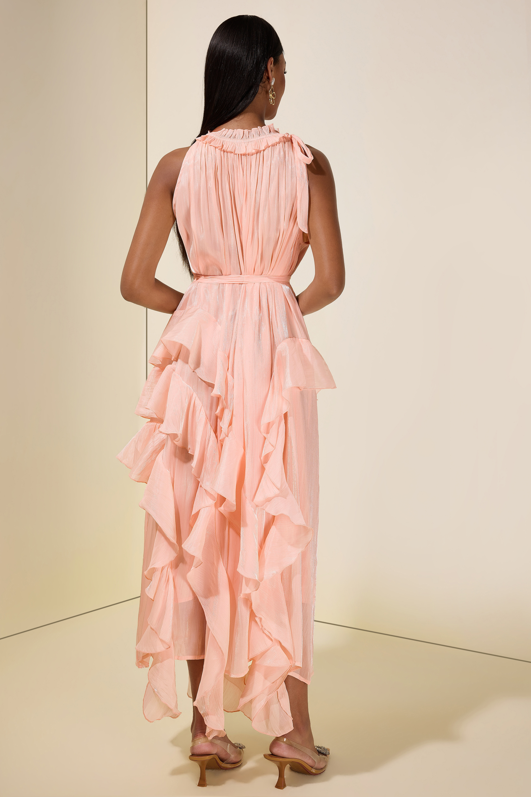 Satin Halter Neck Ruffle Midi Dress