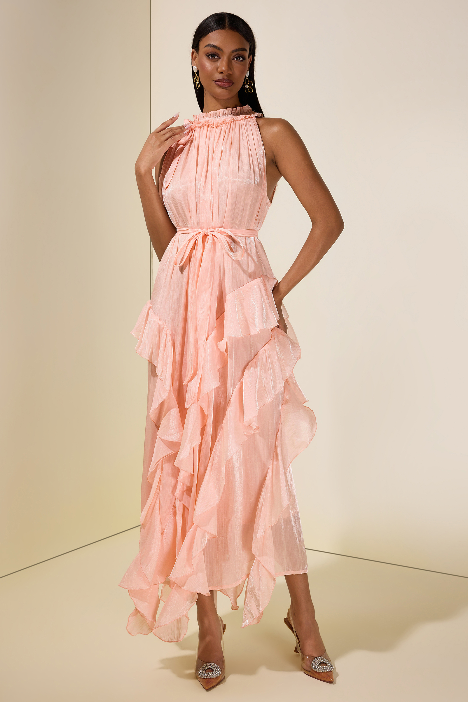 Satin Halter Neck Ruffle Midi Dress