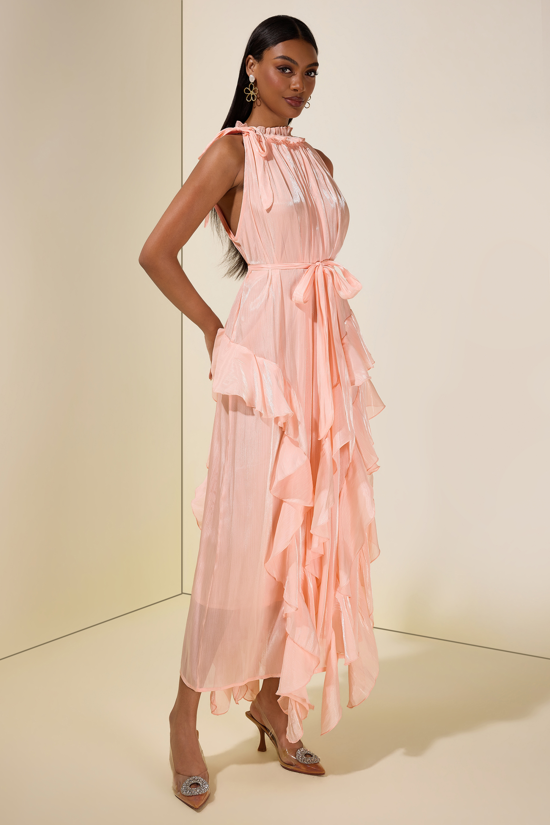 Satin Halter Neck Ruffle Midi Dress