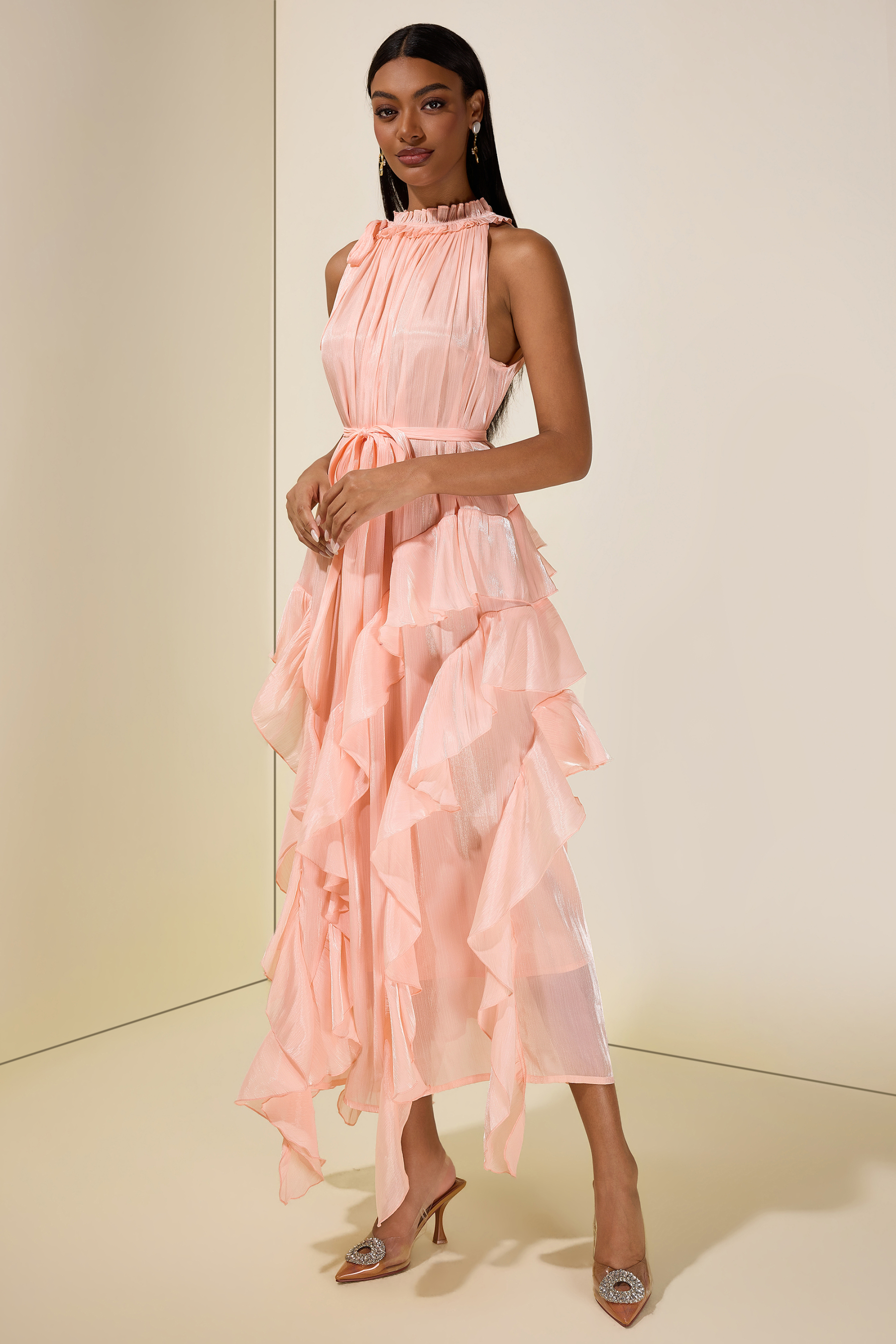 Satin Halter Neck Ruffle Midi Dress