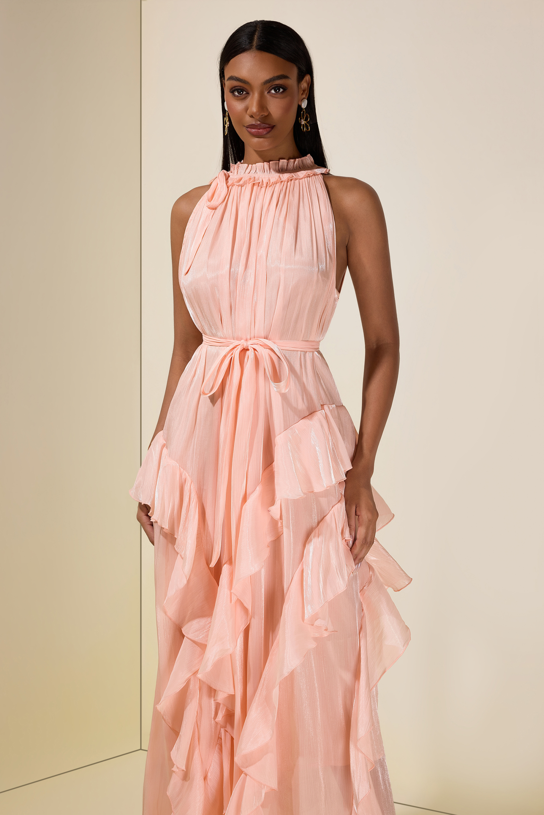 Satin Halter Neck Ruffle Midi Dress