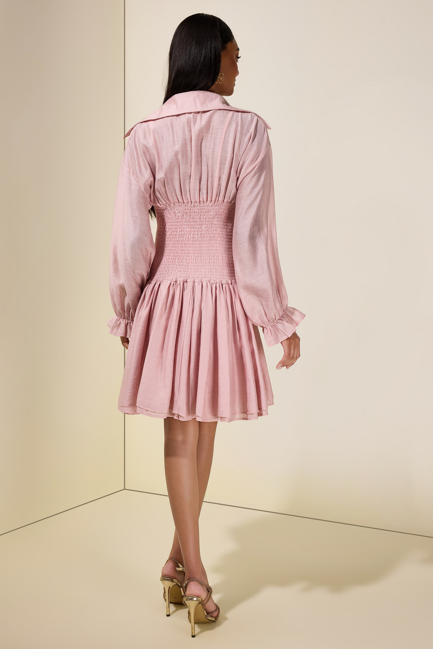 Solid Smocking Long Sleeve Mini Dress