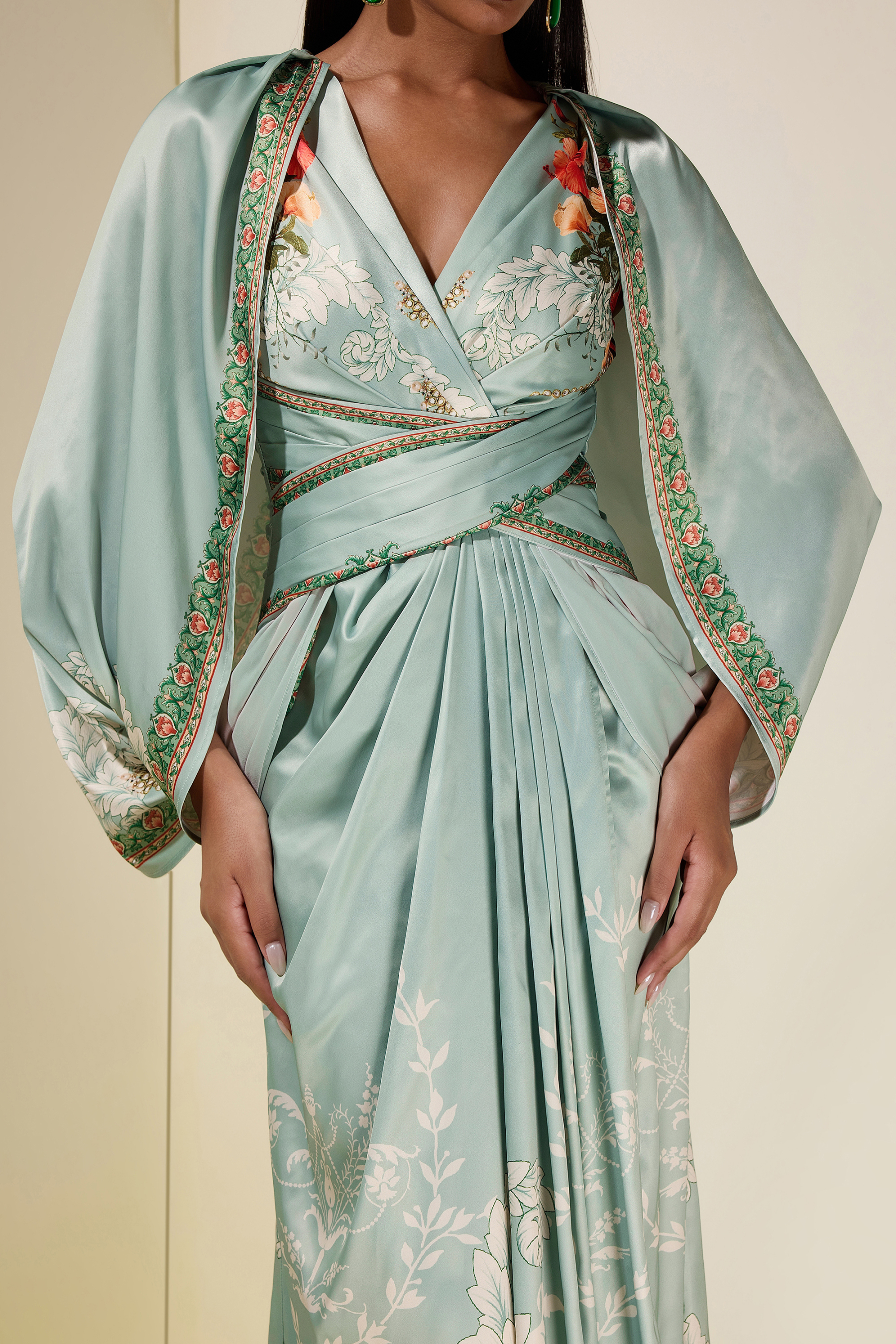 Floral Cape Sleeve Pleated Maxi Dress