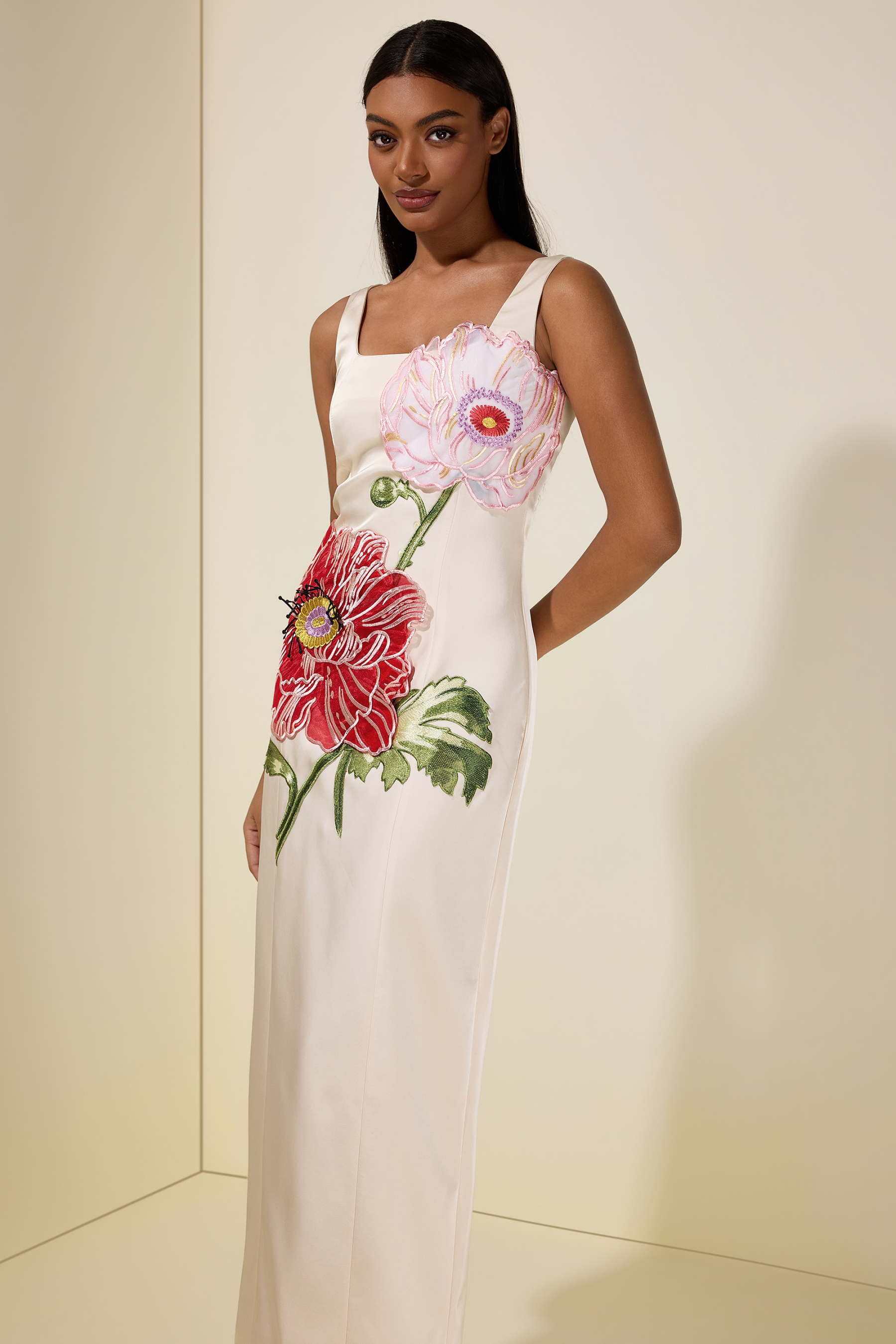 Satin Embroidered Square Collar Maxi Dress