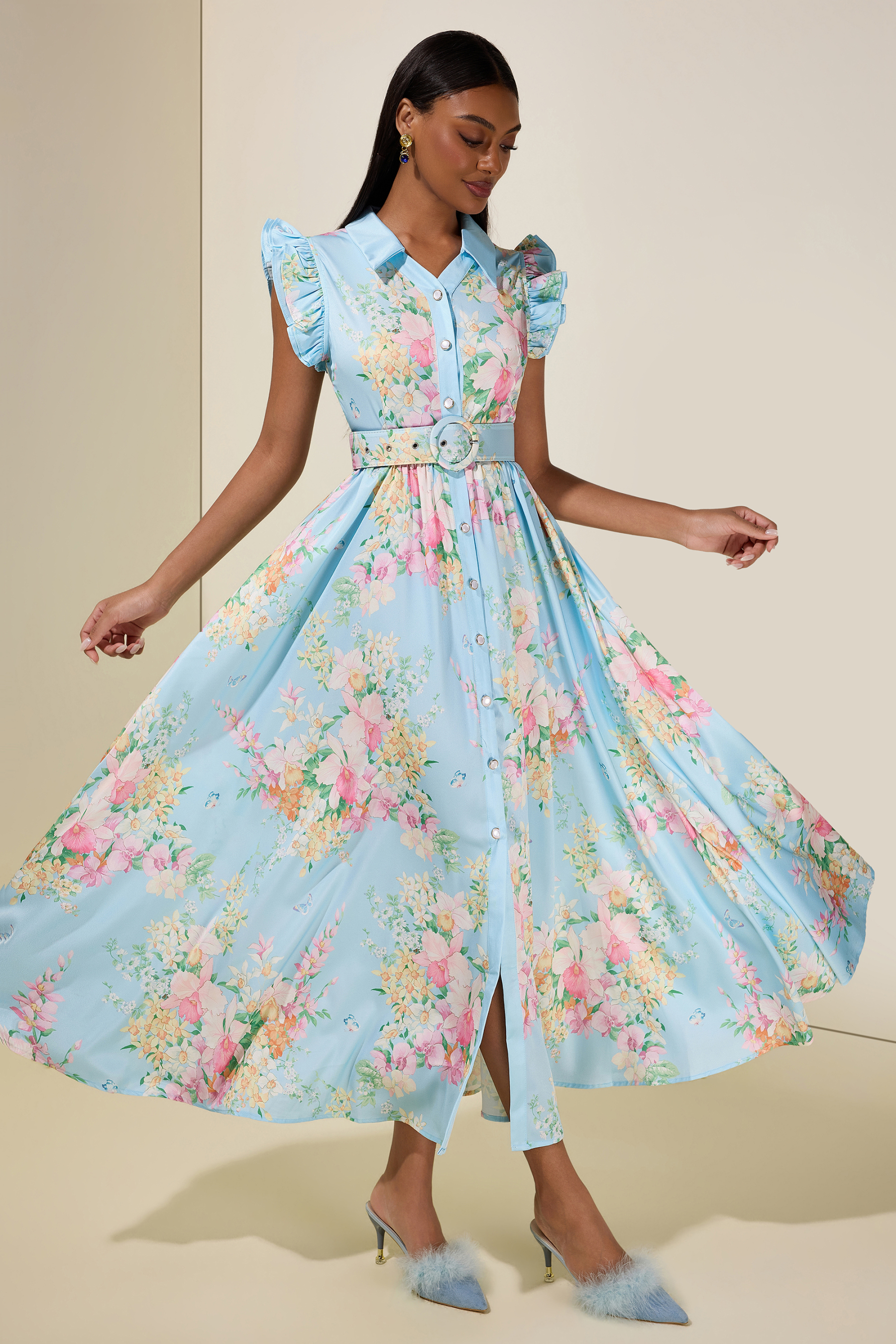 Floral Frill Midi Dress With Belt