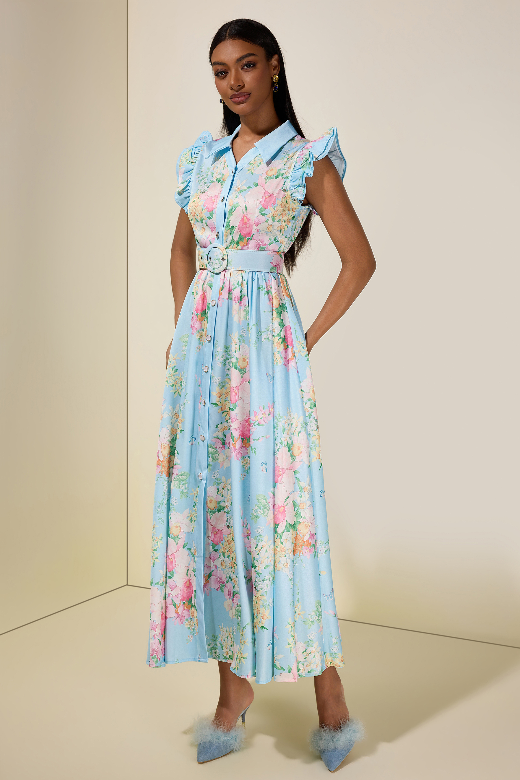 Floral Frill Midi Dress With Belt
