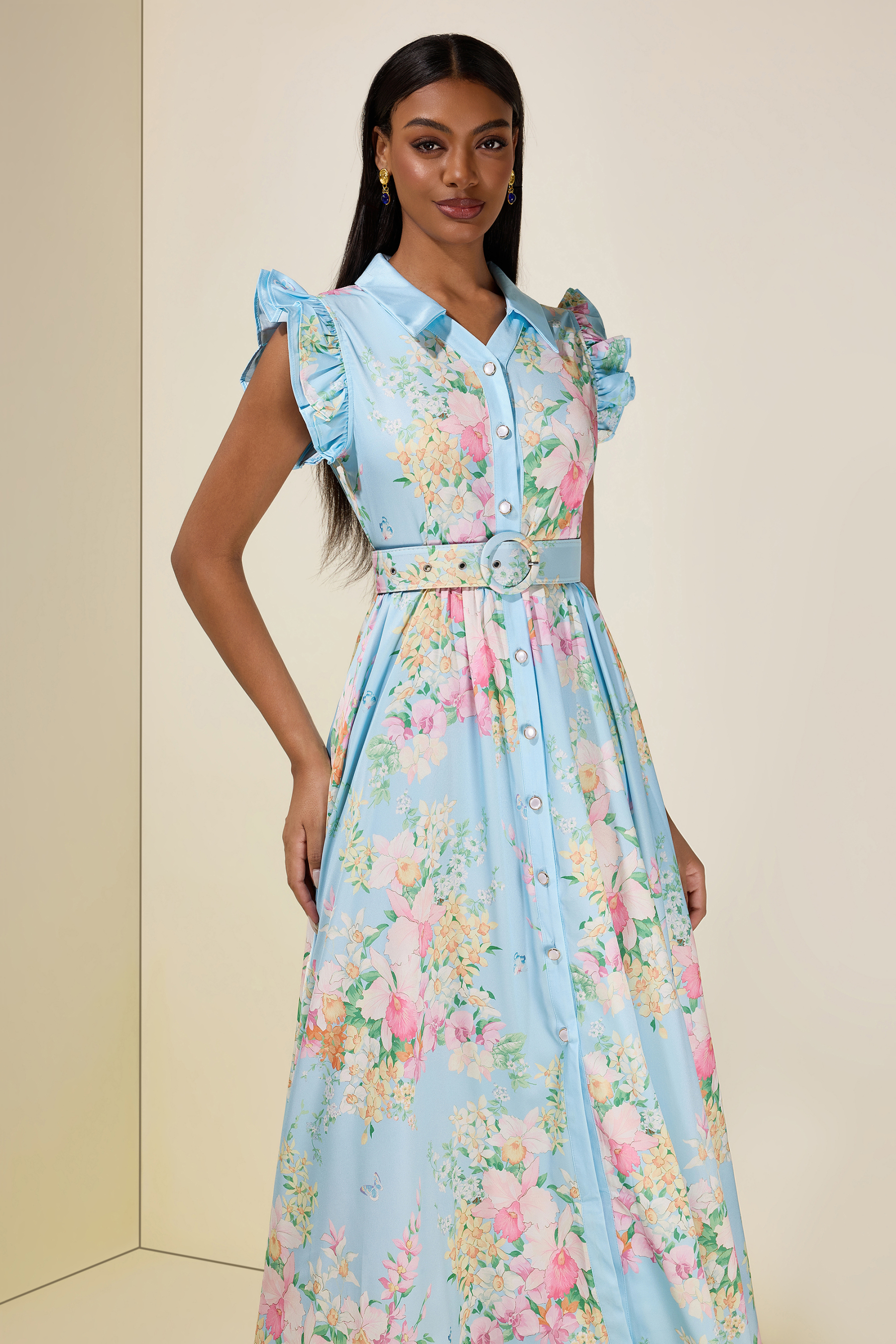 Floral Frill Midi Dress With Belt