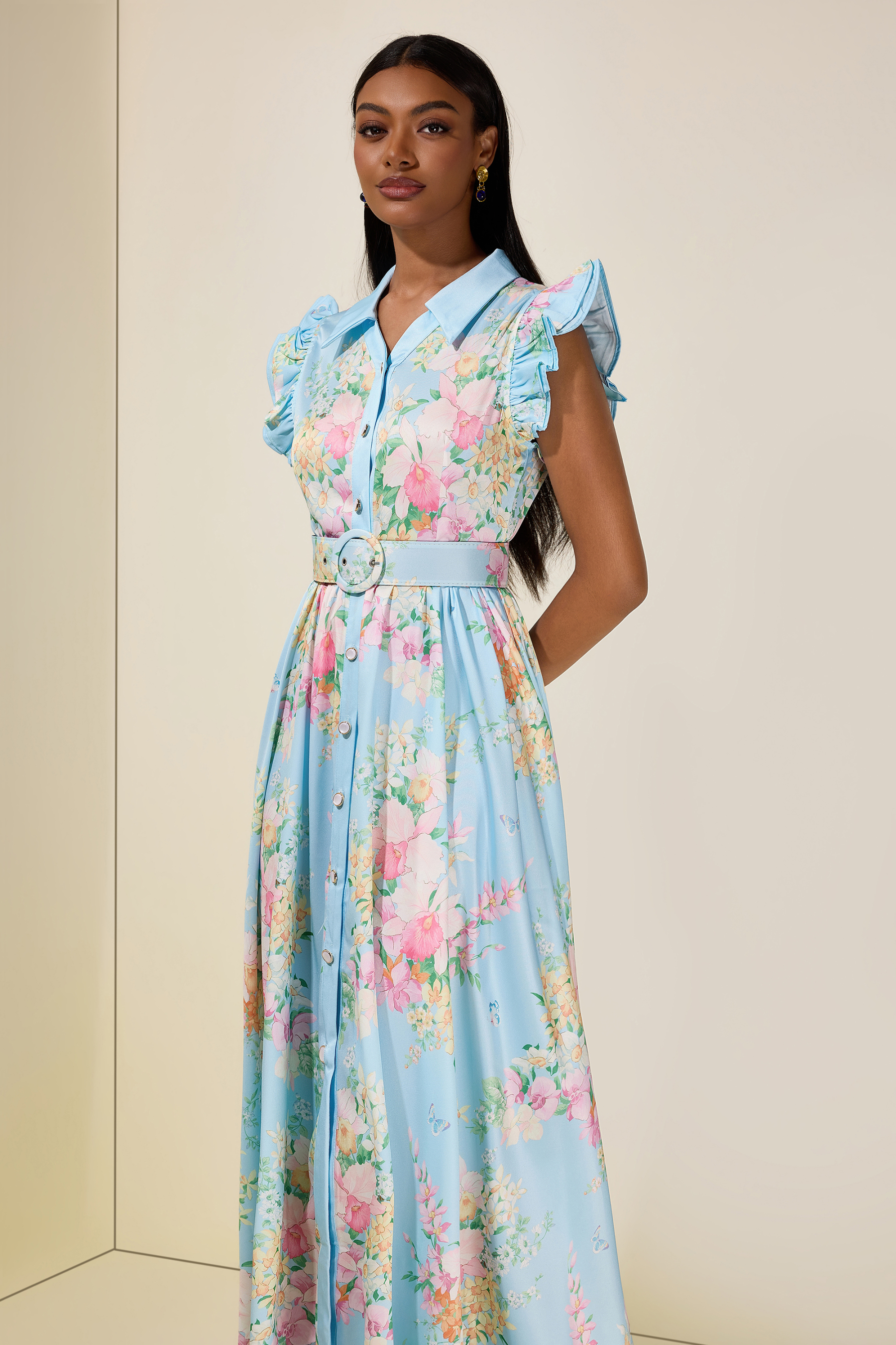 Floral Frill Midi Dress With Belt