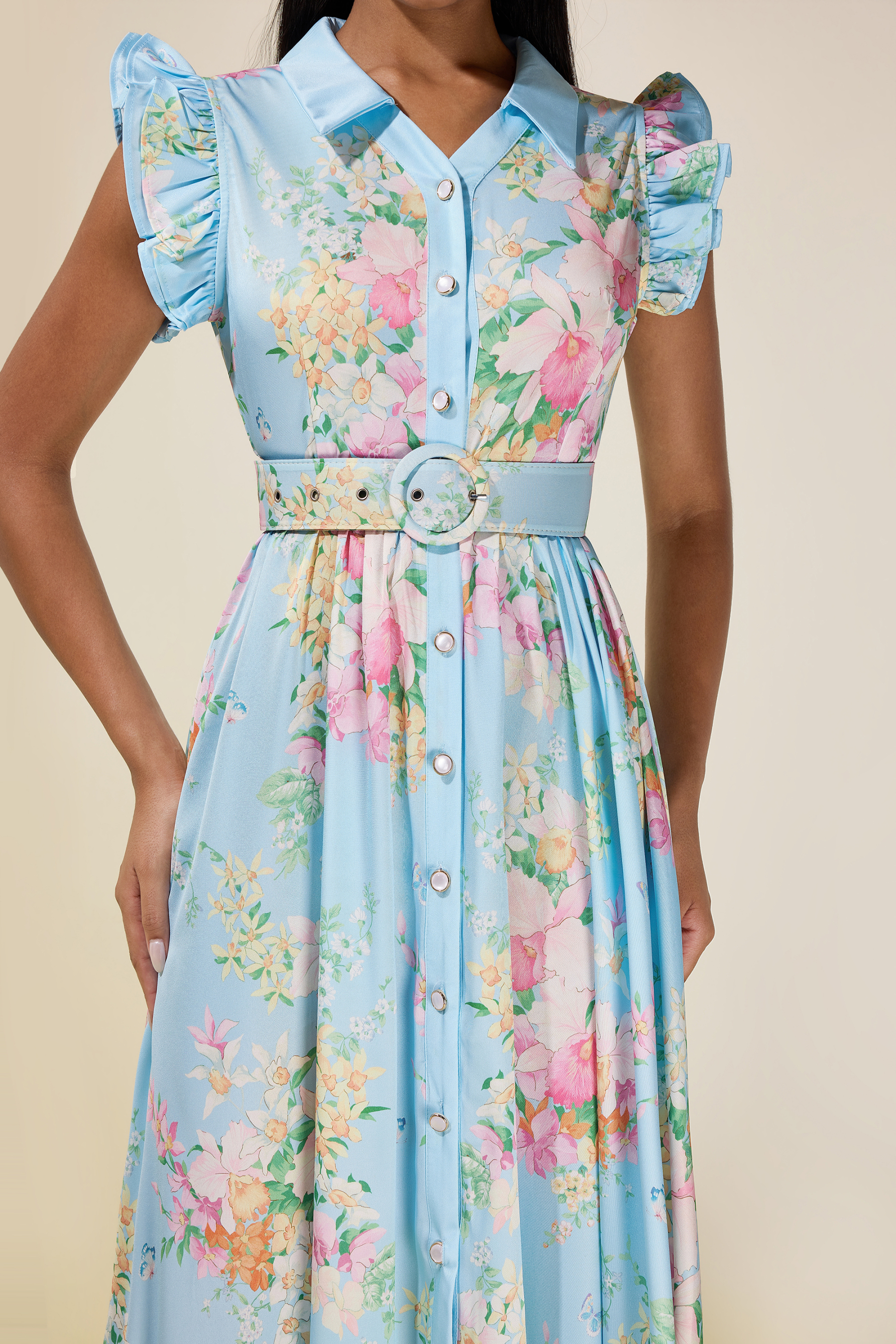 Floral Frill Midi Dress With Belt