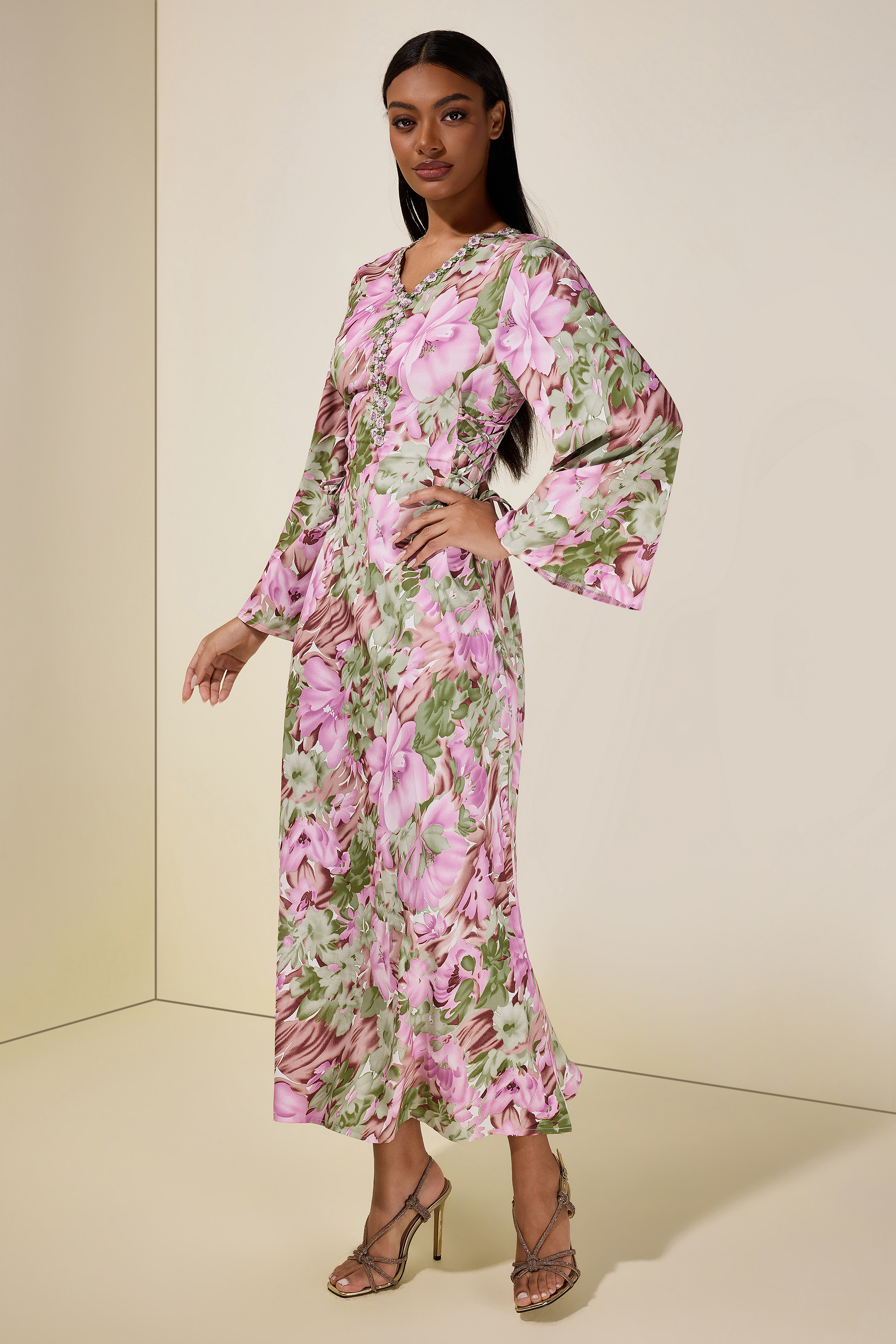 Floral Embroidered Bell Sleeve Midi Dress