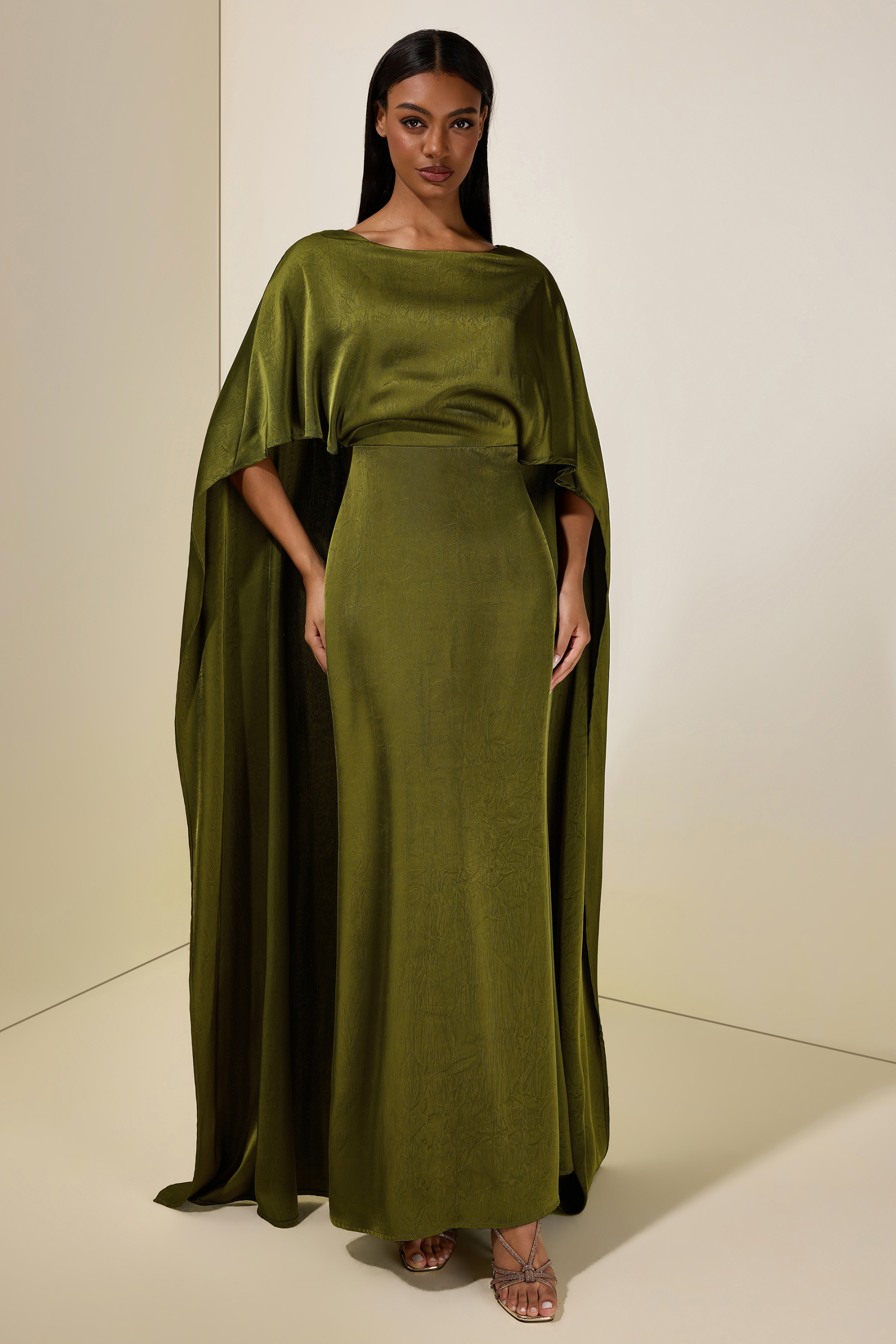 Solid Satin Cape Sleeve Maxi Dress