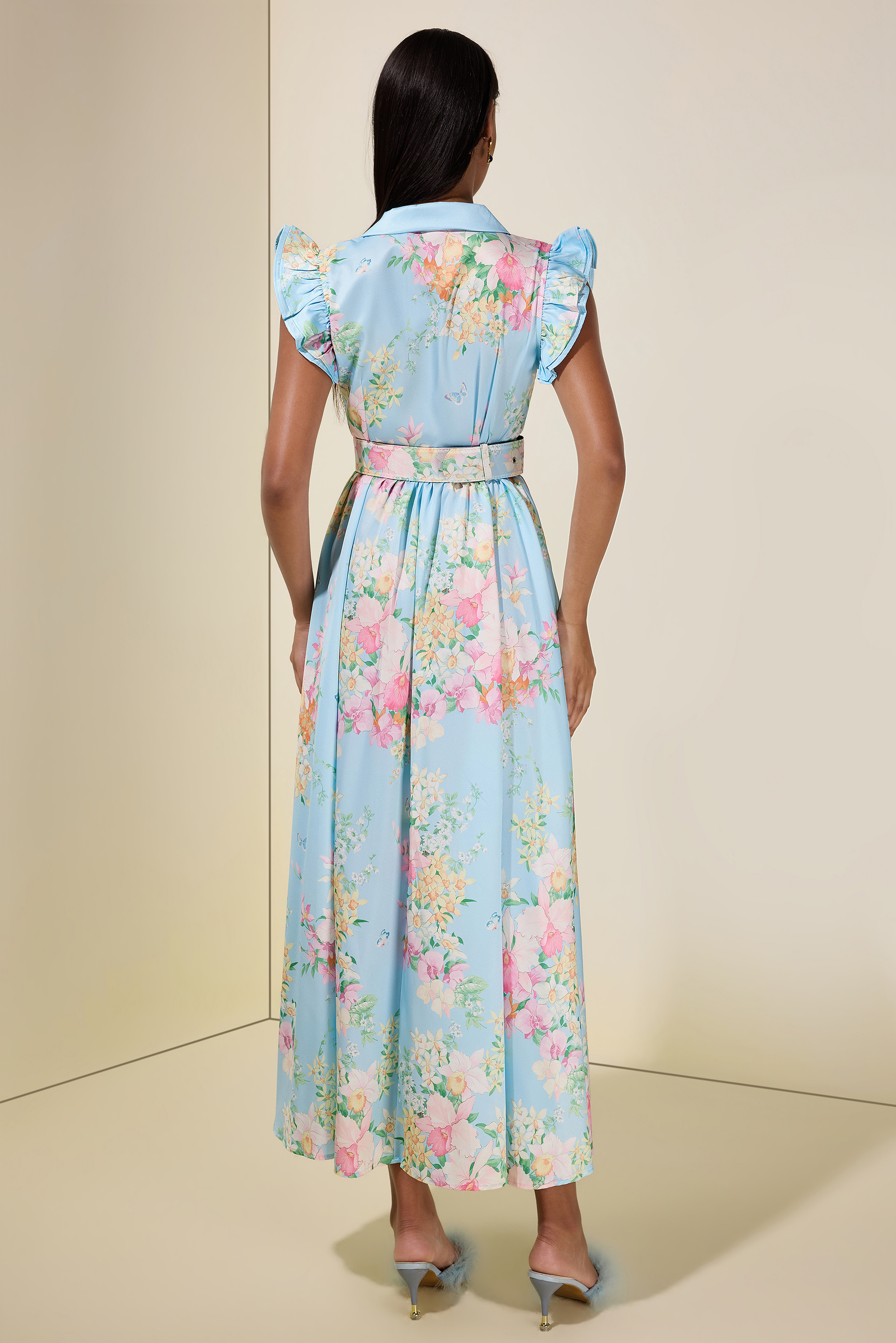 Floral Frill Midi Dress With Belt