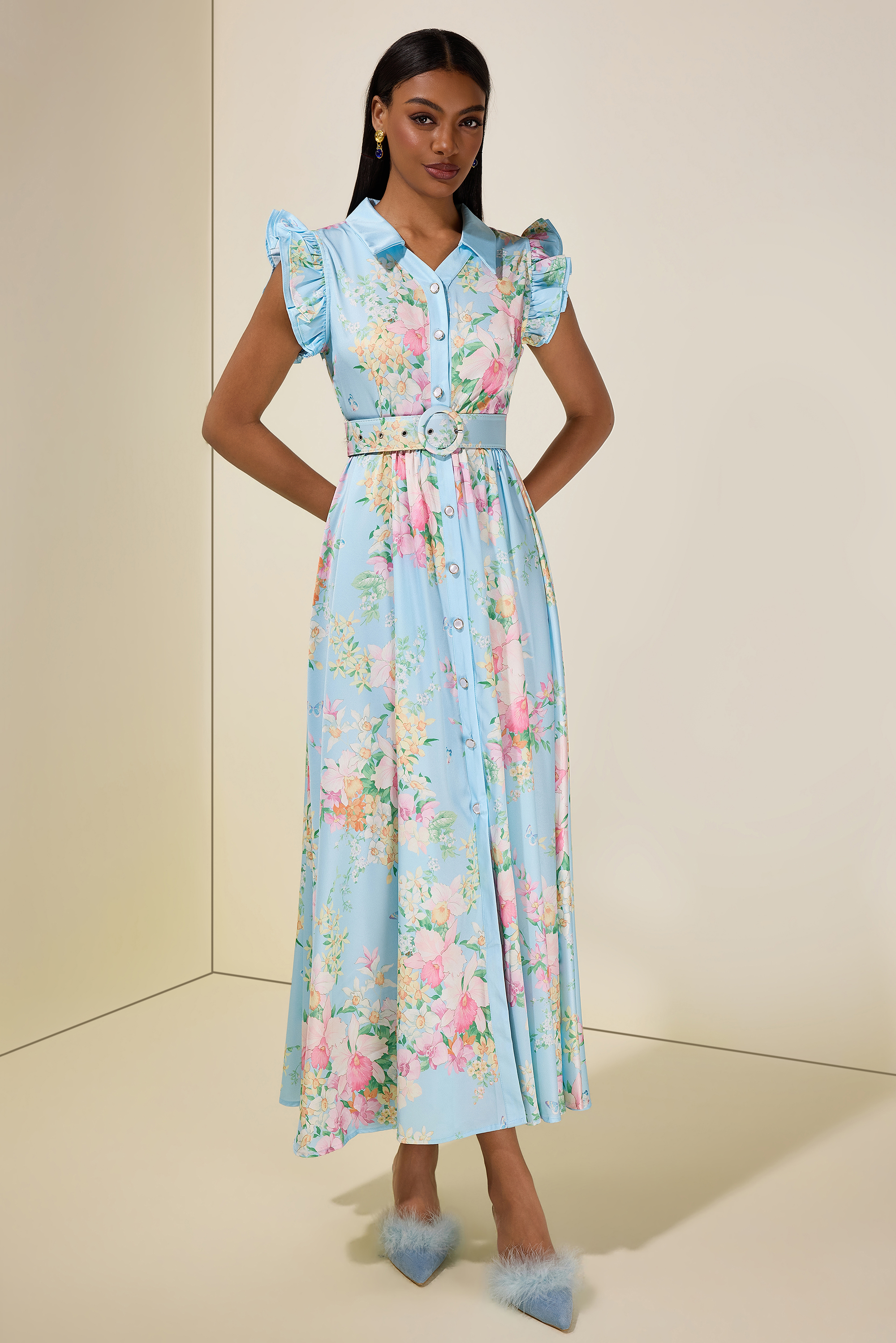 Floral Frill Midi Dress With Belt