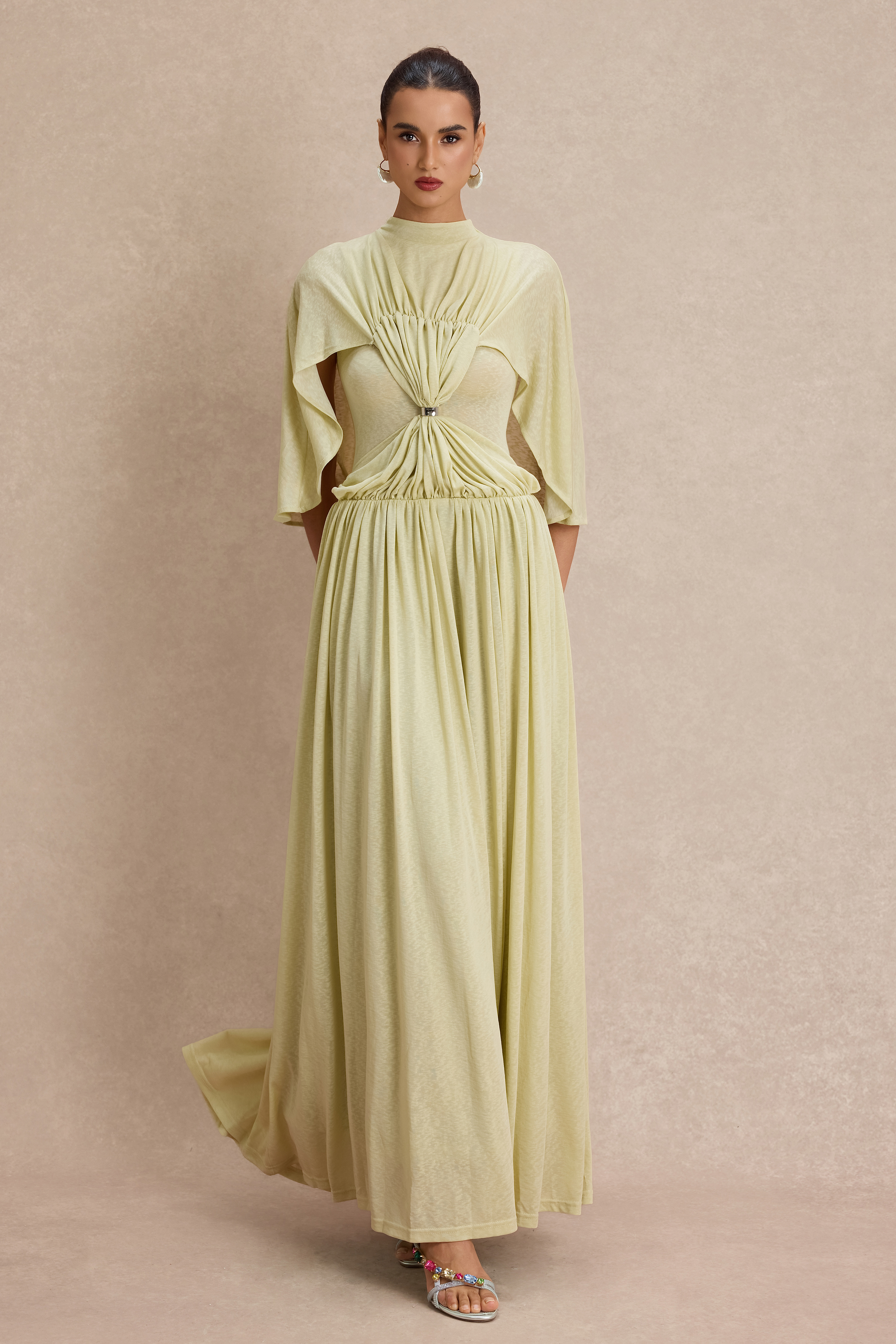 Gathering Metal Decorations Cape Sleeve Maxi Dress