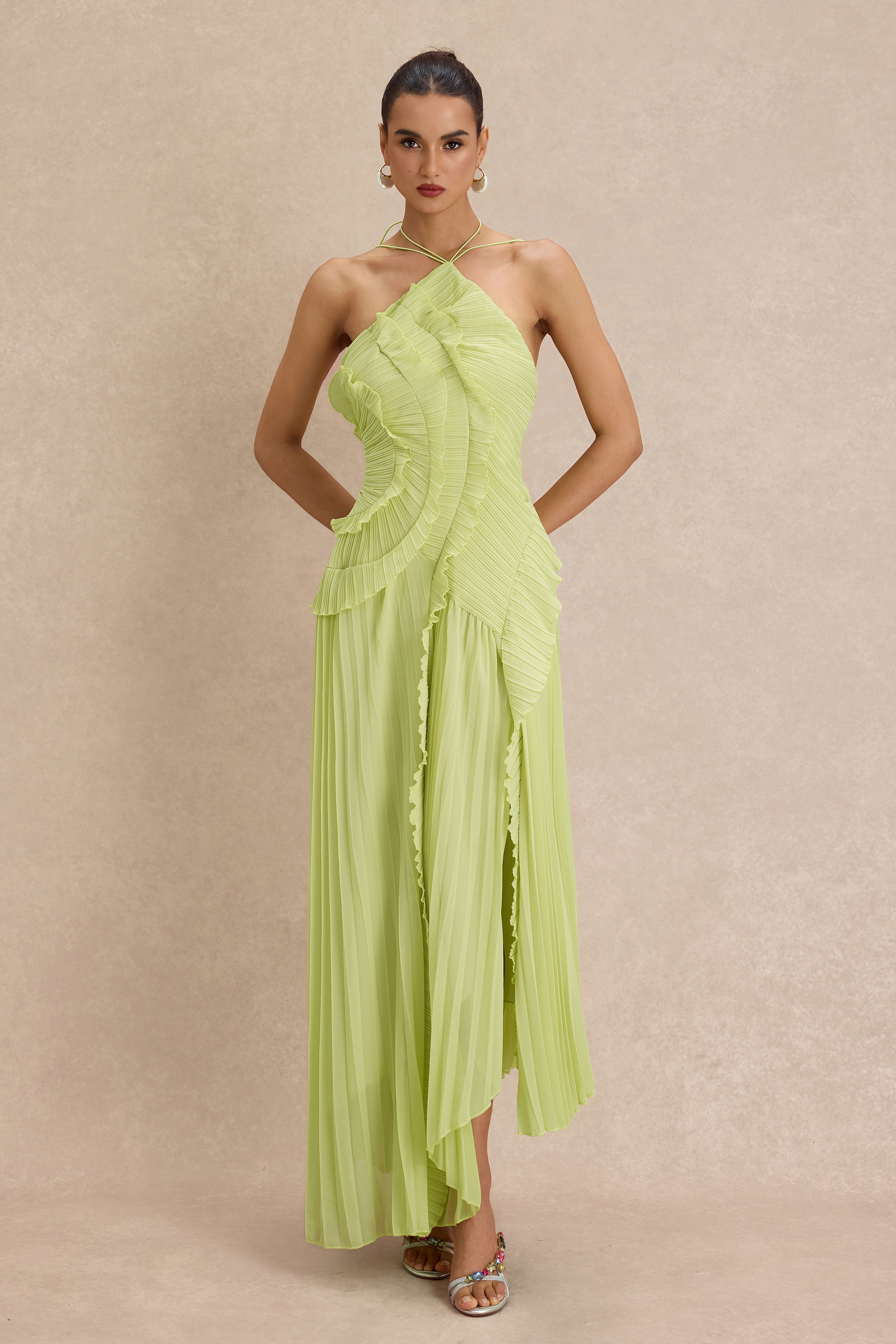 Pleated Frill Halter Neck Midi Dress