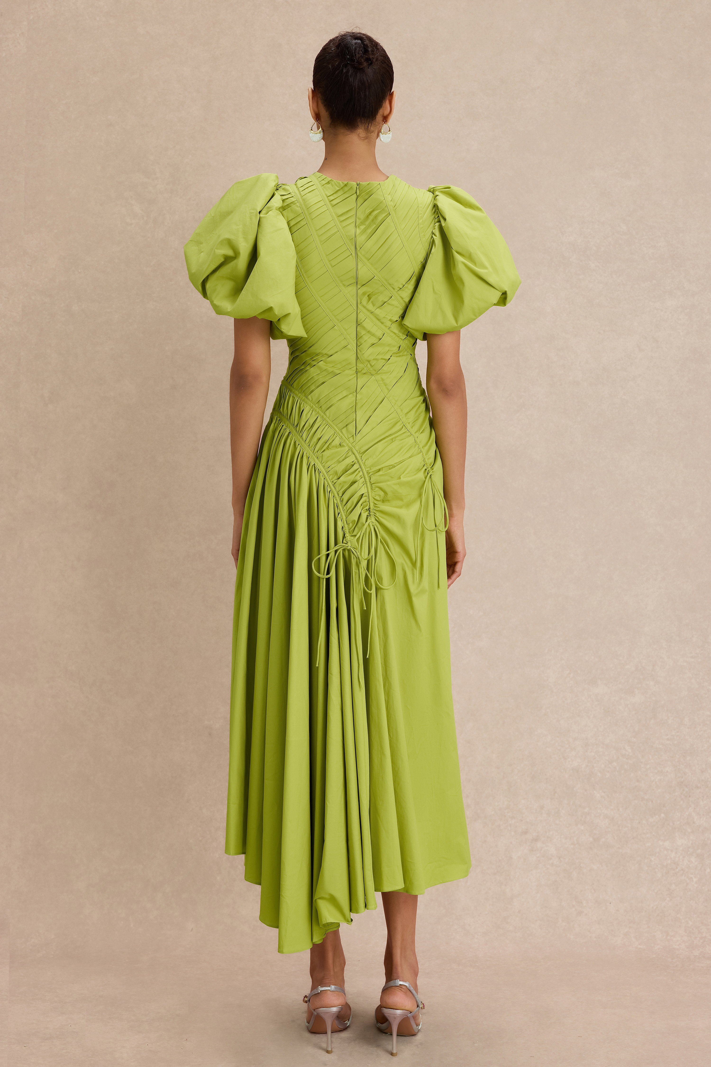 Shirring Round Neck Puff Sleeve Midi Dress