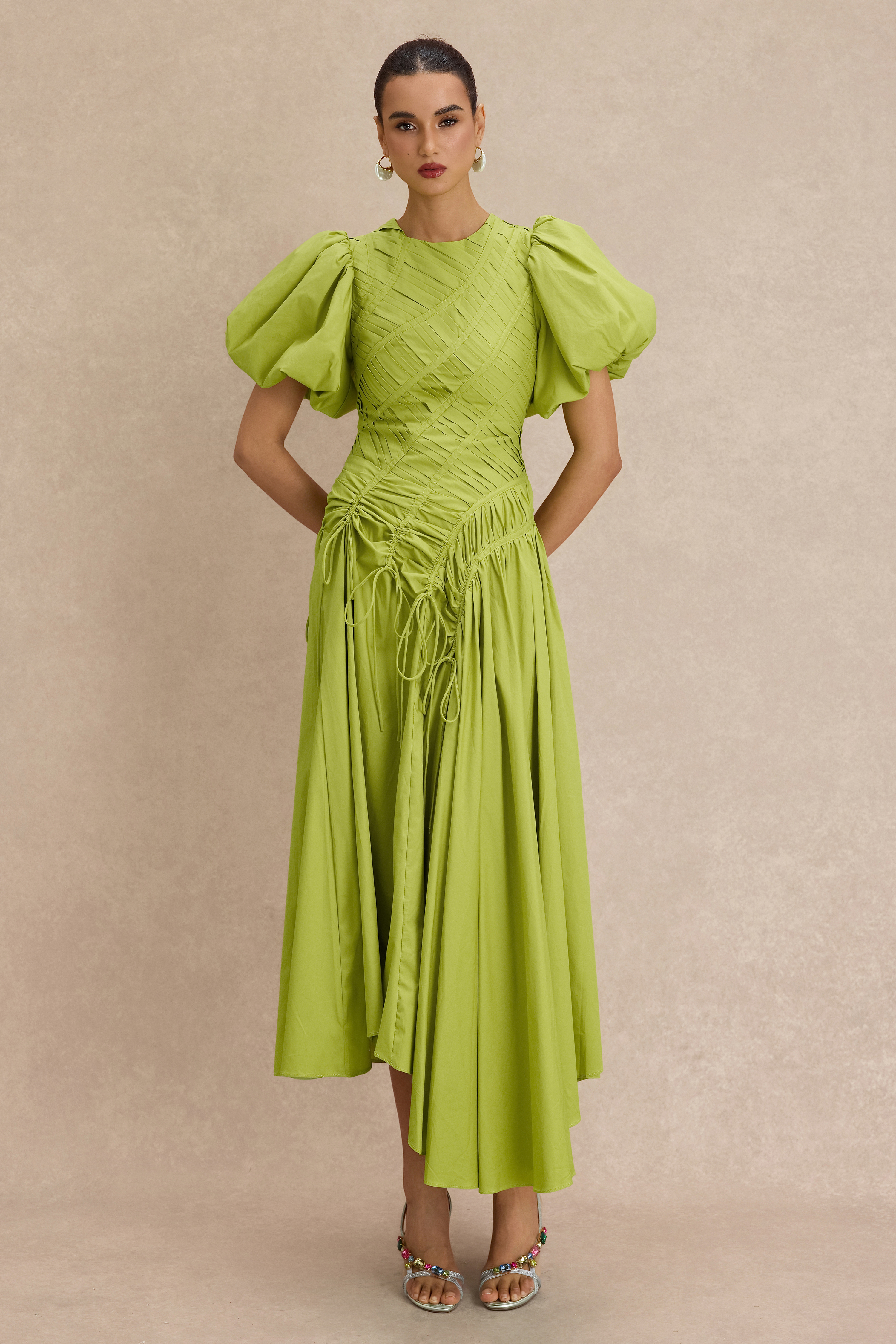 Shirring Round Neck Puff Sleeve Midi Dress
