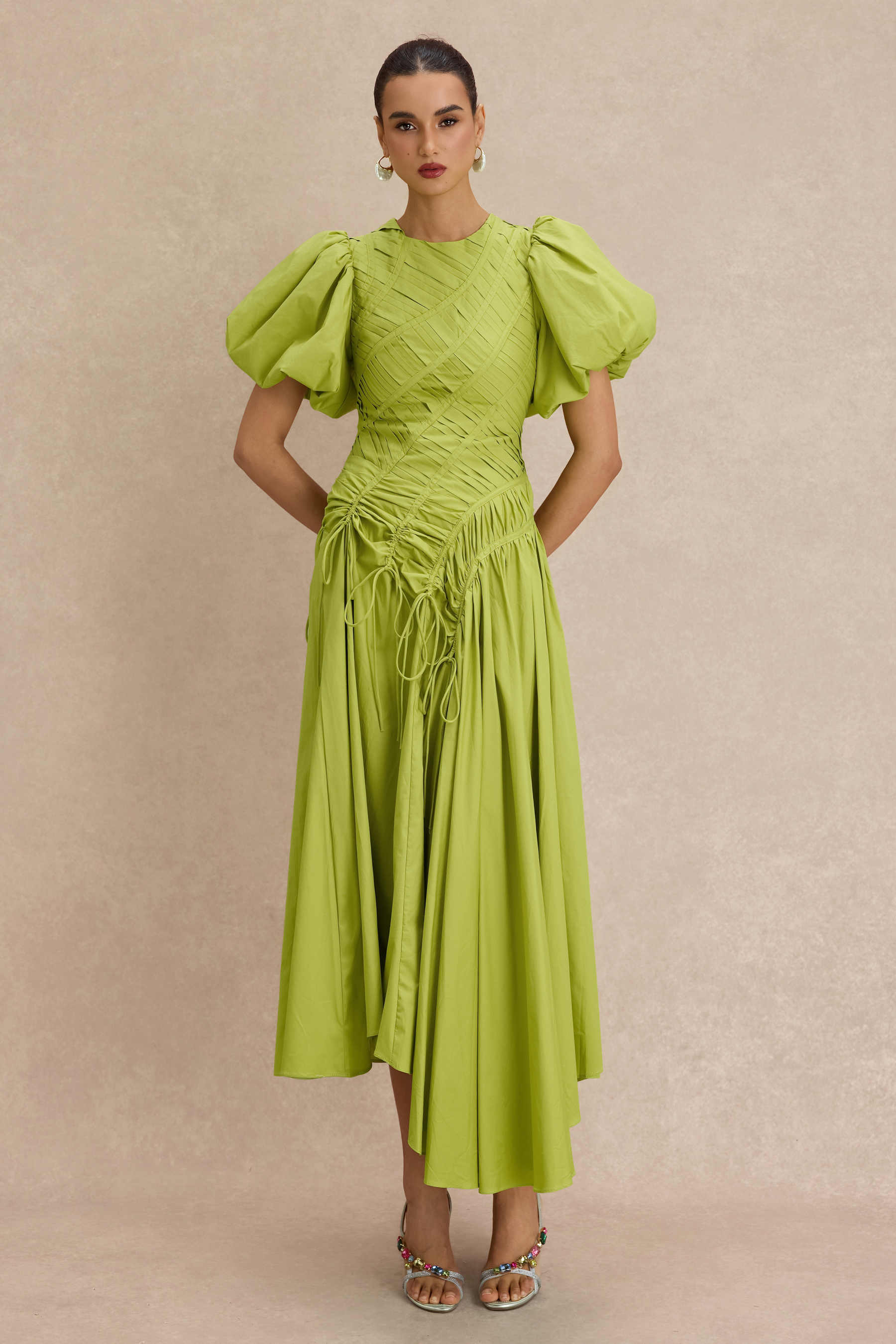 Shirring Round Neck Puff Sleeve Midi Dress