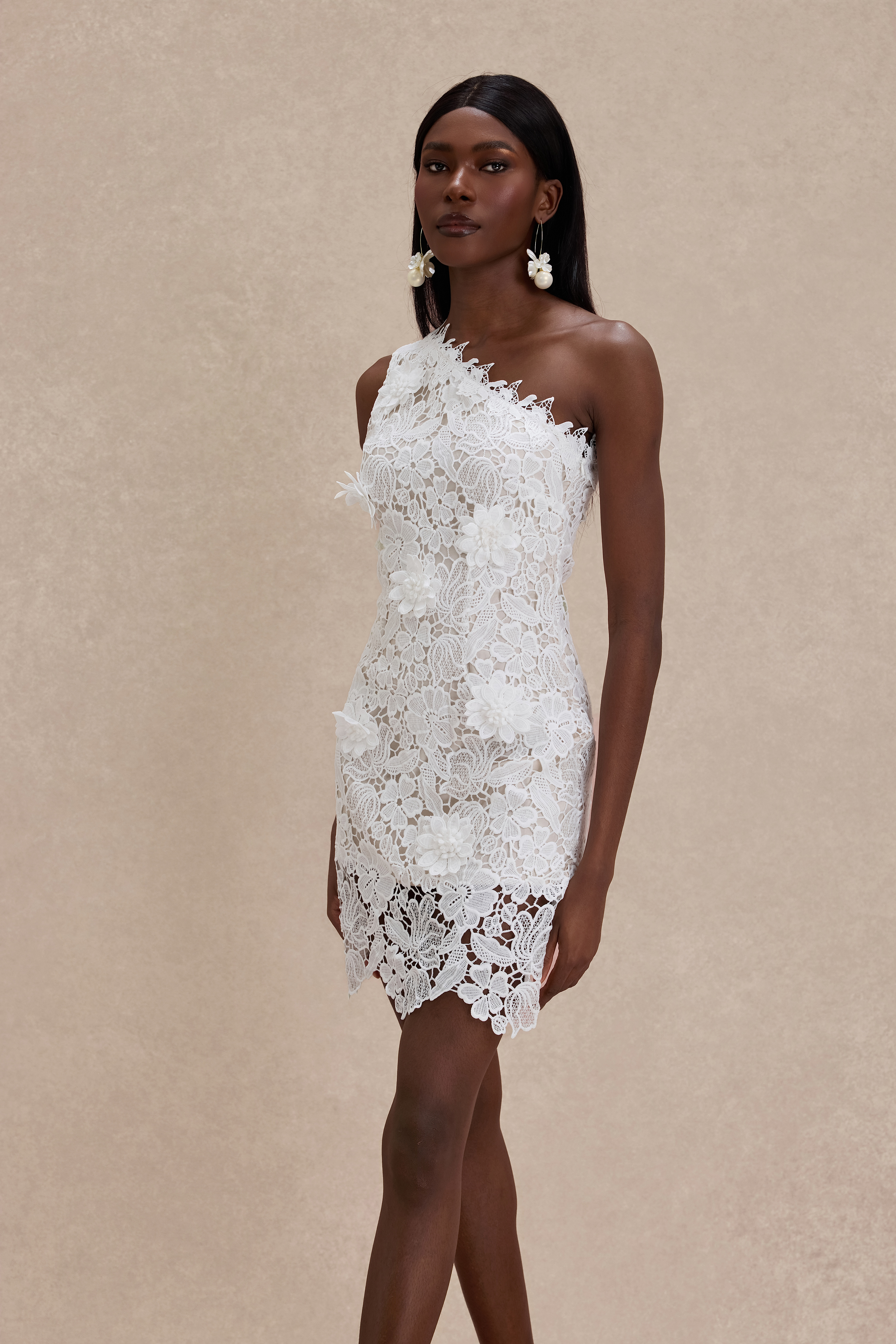 Lace 3D Flower One Shoulder Mini Dress