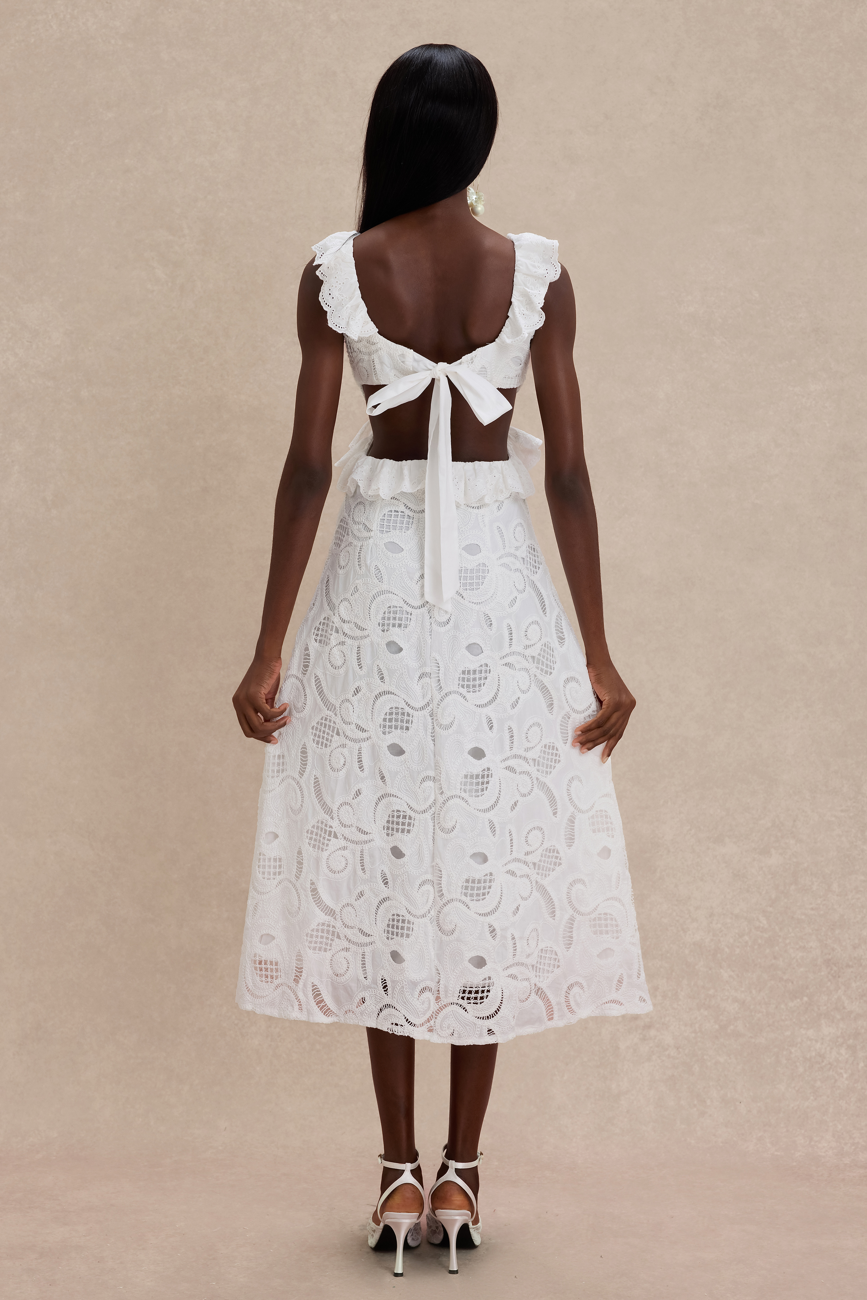 Lace Ruffle Tie-Up Midi Dress