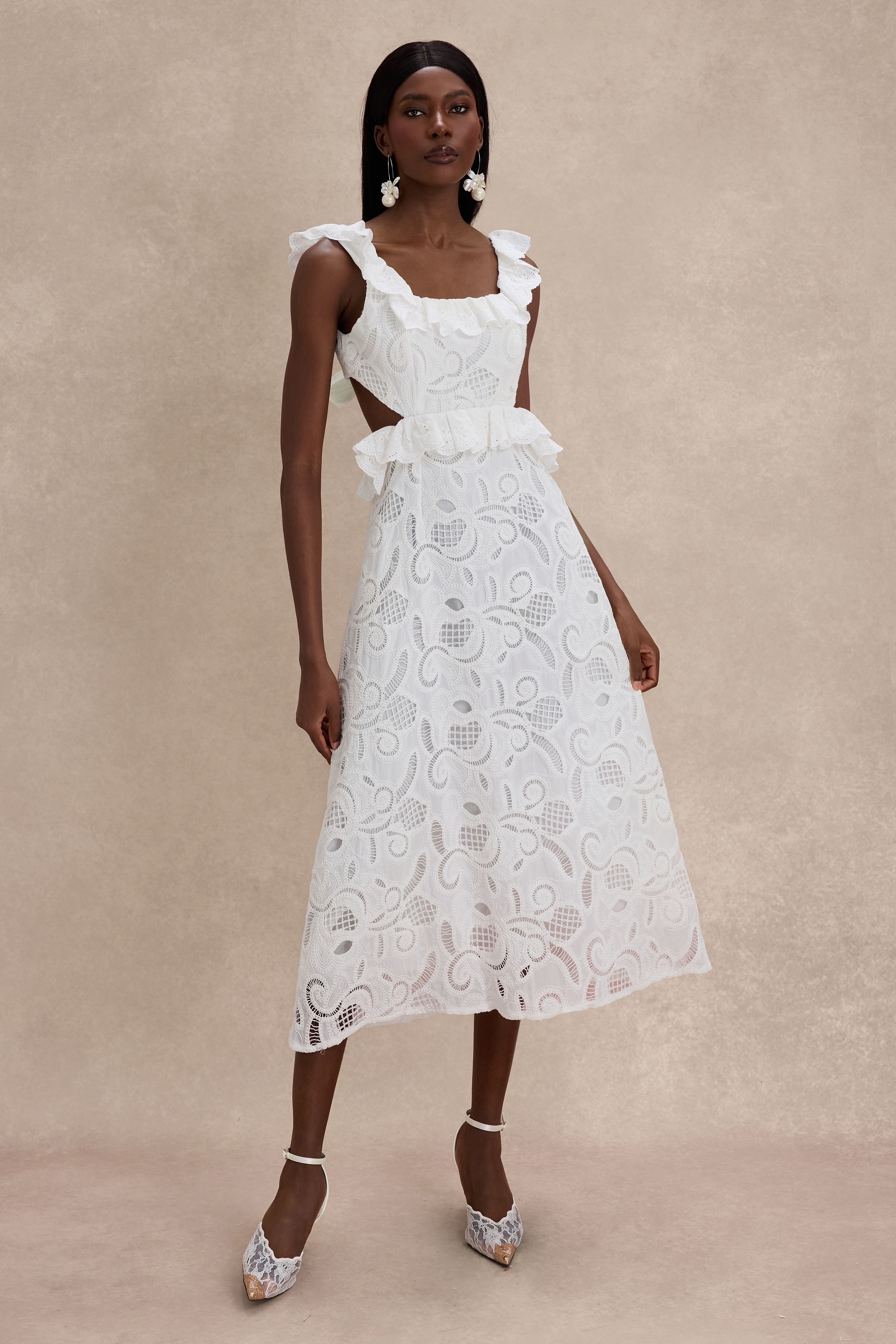 Lace Ruffle Tie-Up Midi Dress