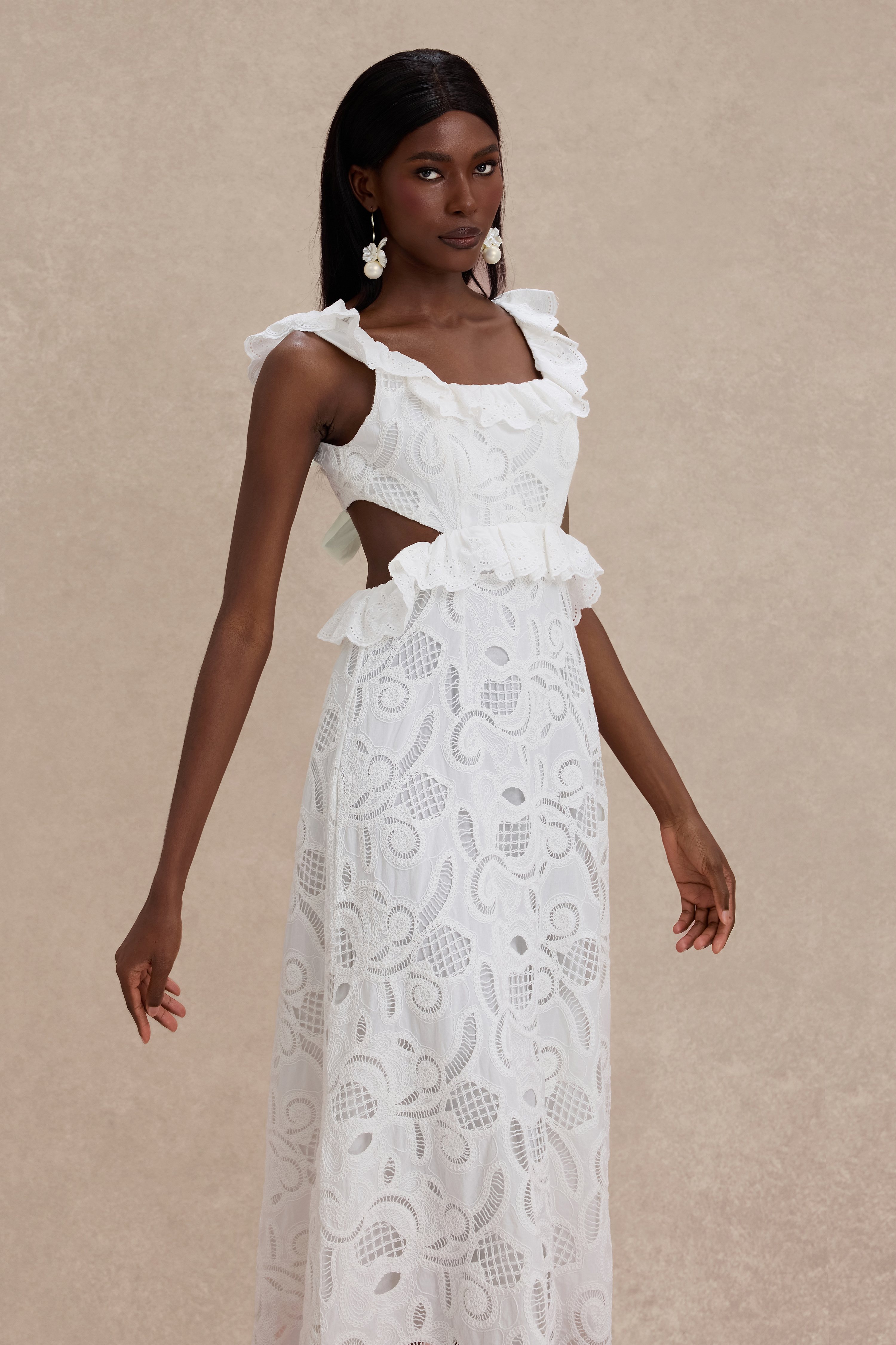 Lace Ruffle Tie-Up Midi Dress
