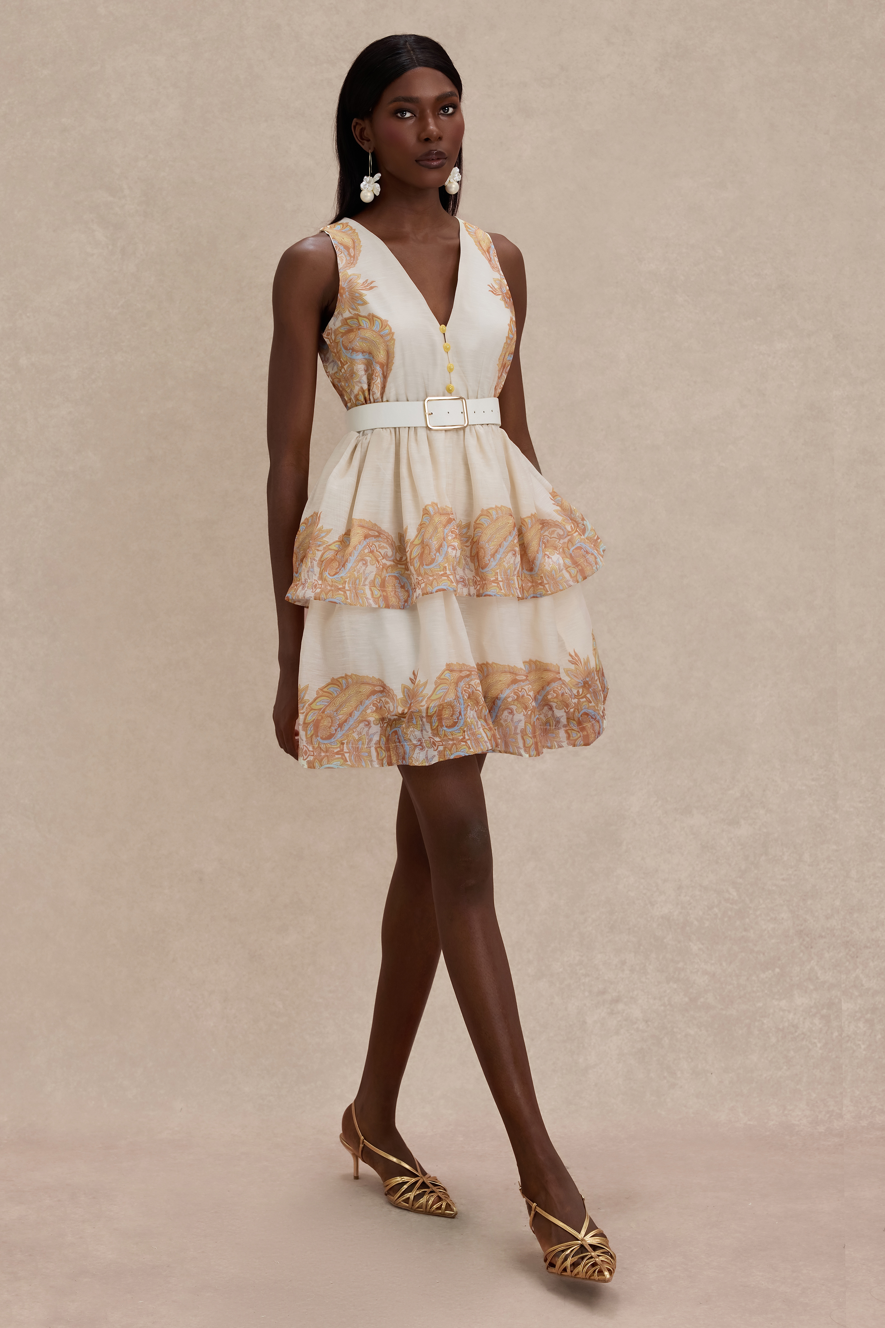 Paisley Print V-Neck Mini Dress With Belt