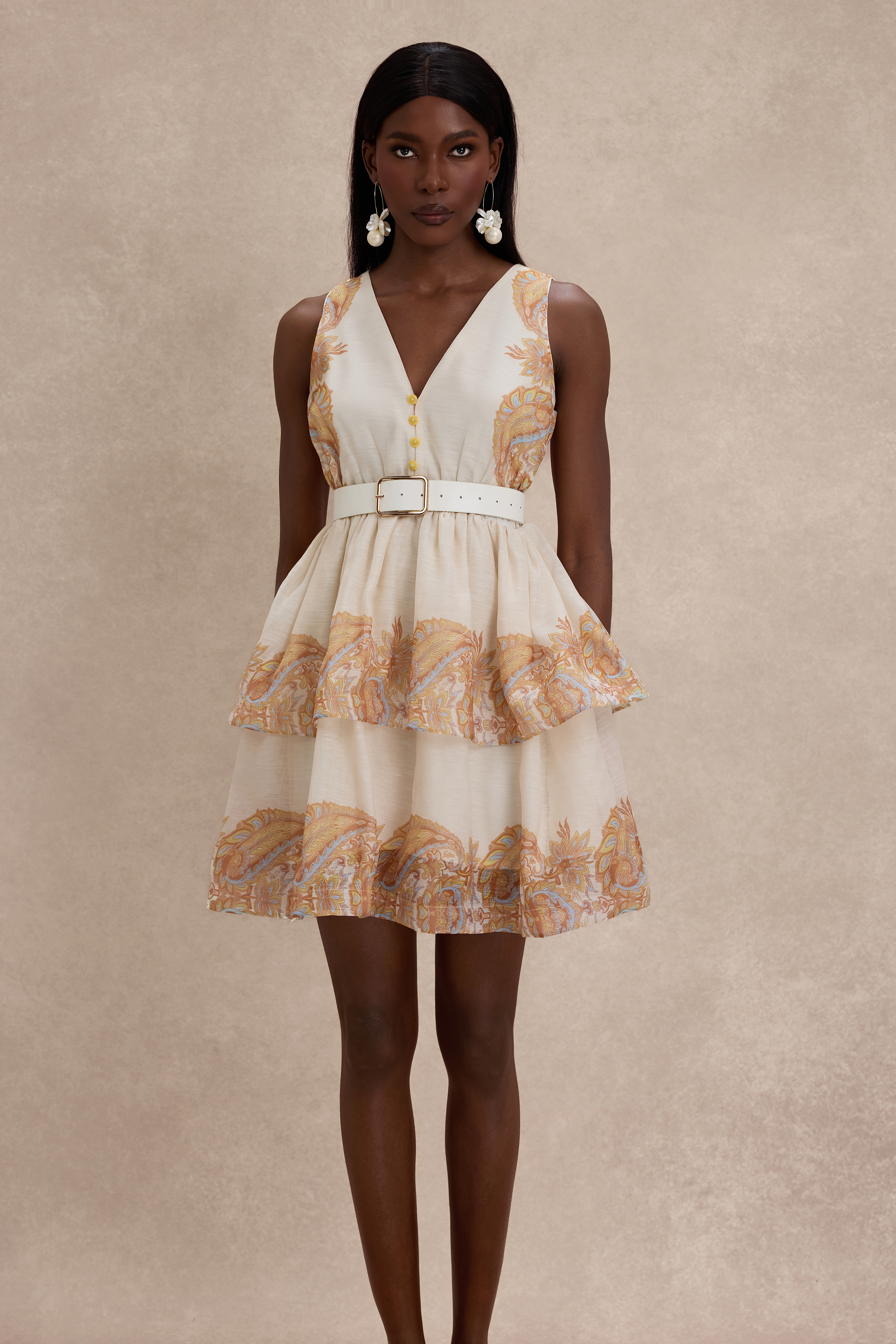 Paisley Print V-Neck Mini Dress With Belt