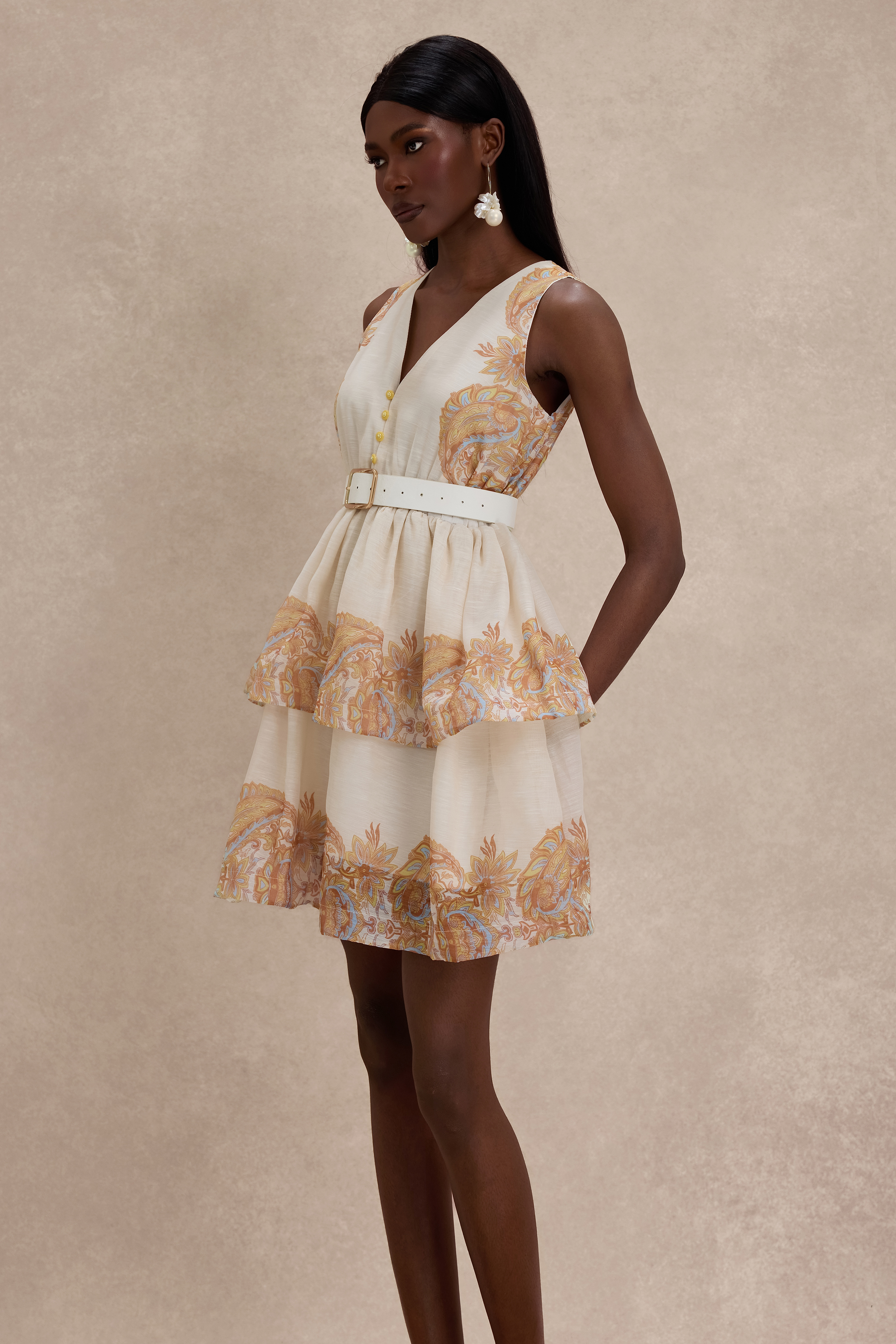 Paisley Print V-Neck Mini Dress With Belt