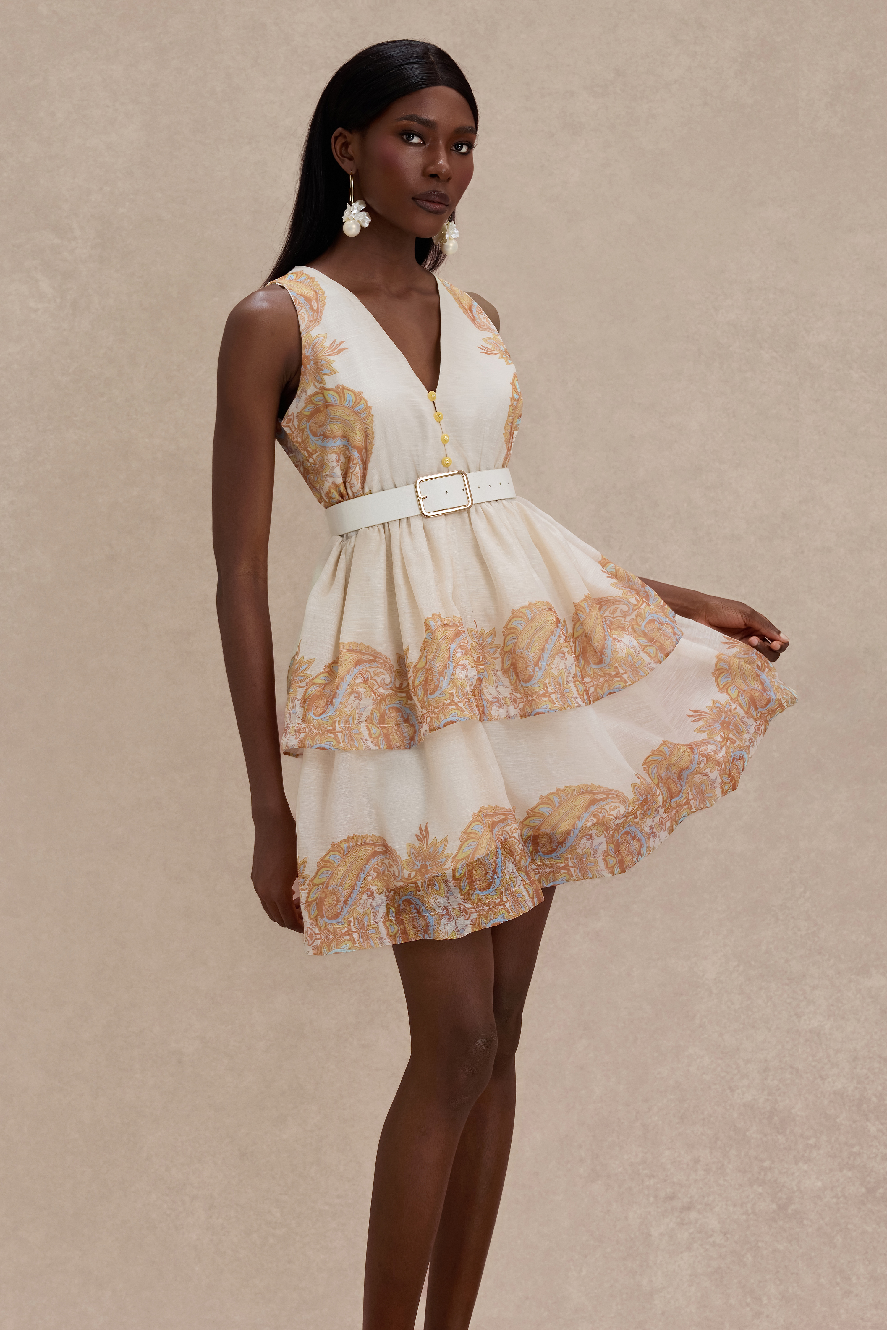Paisley Print V-Neck Mini Dress With Belt