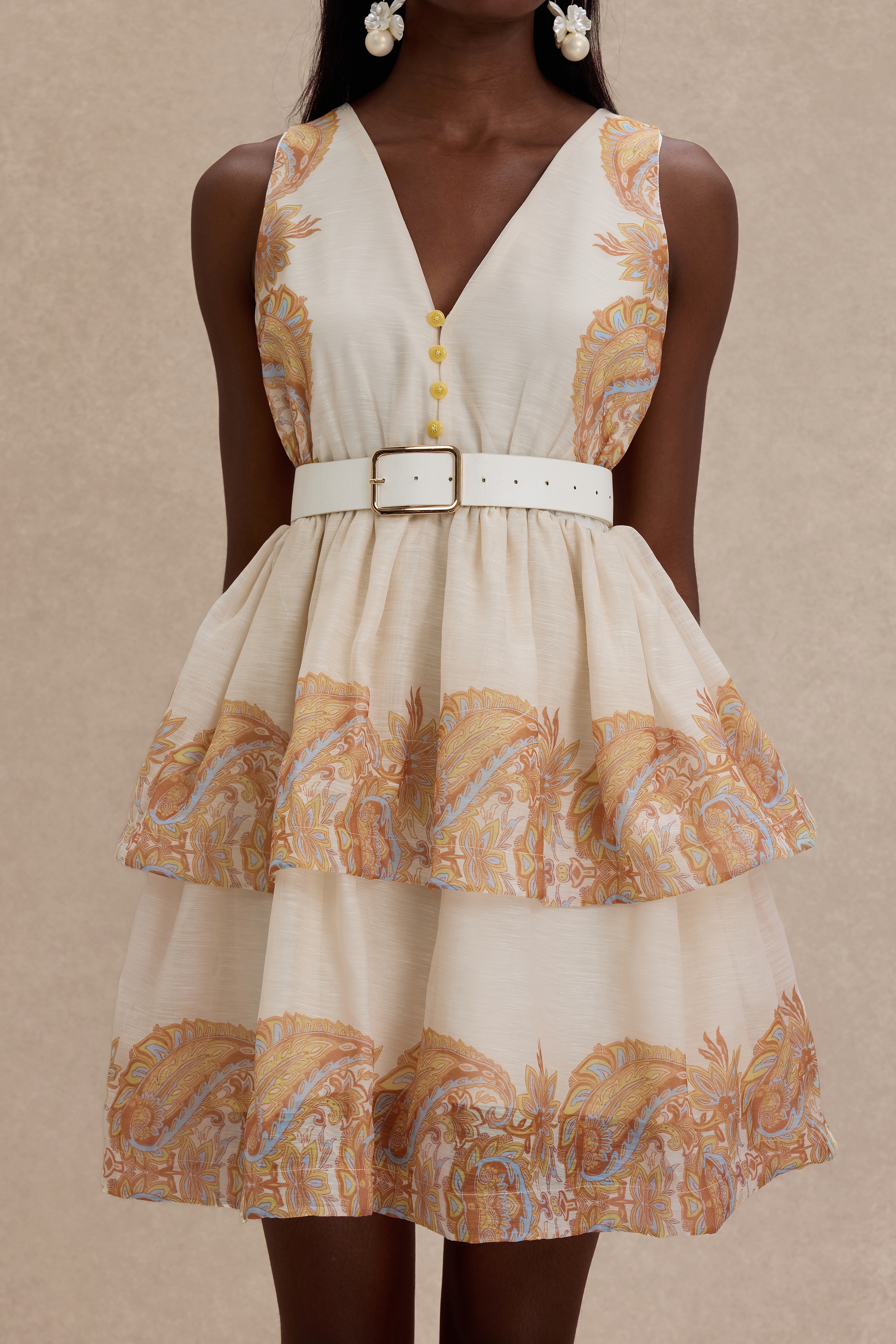 Paisley Print V-Neck Mini Dress With Belt