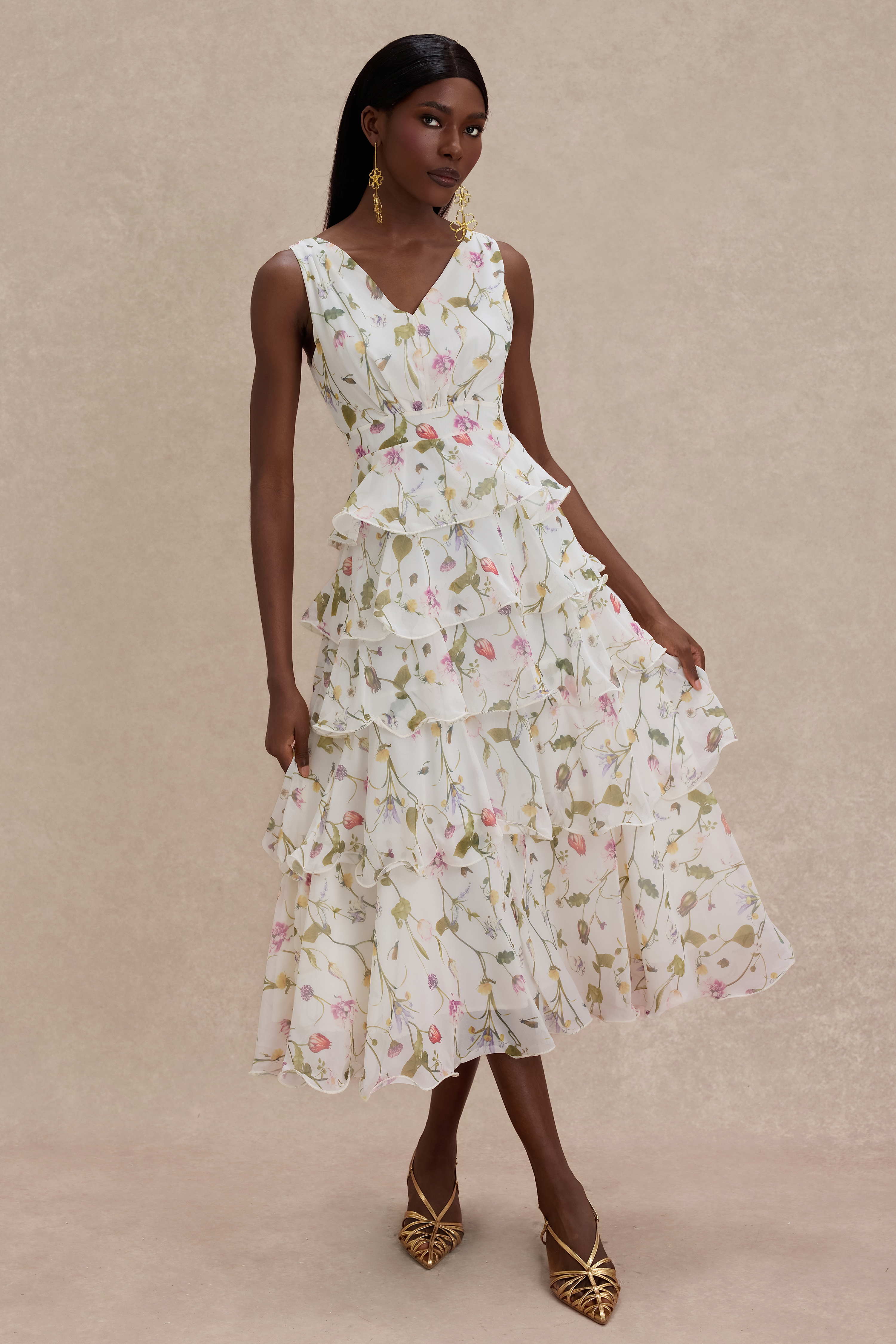 Floral Ruffle Sleeveless Midi Dress