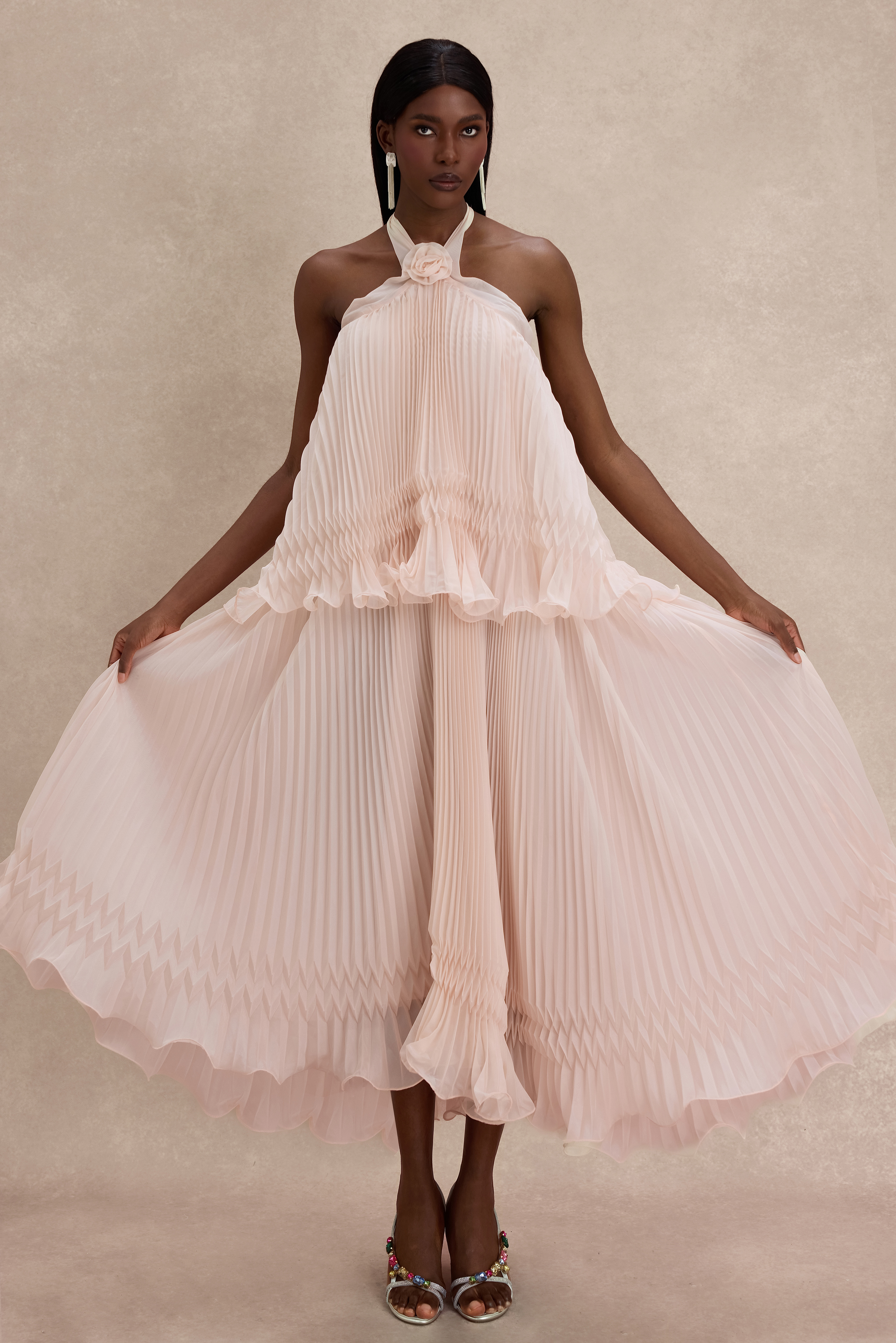 Pleated 3D Flower Halter Neck Midi Dress