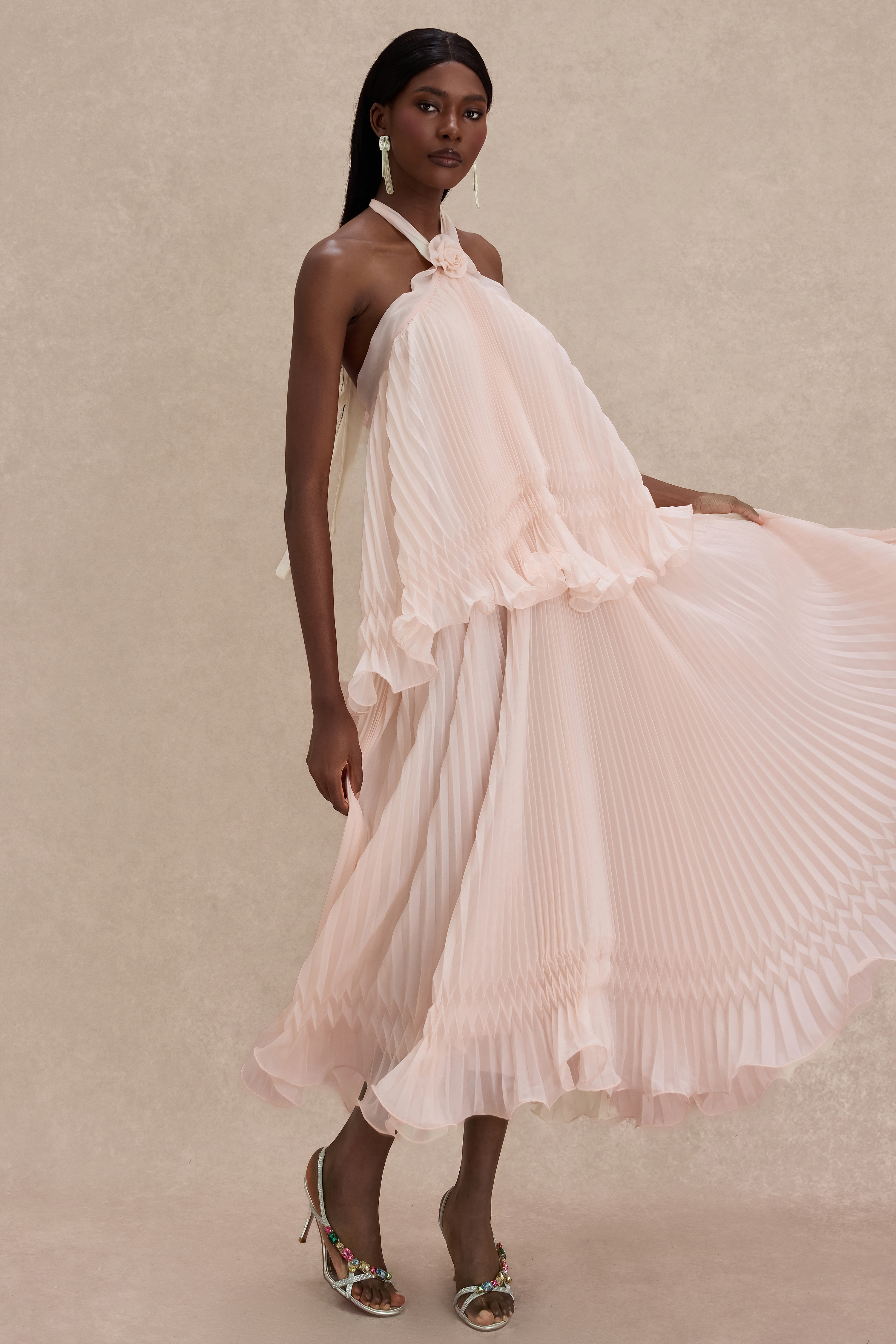 Pleated 3D Flower Halter Neck Midi Dress