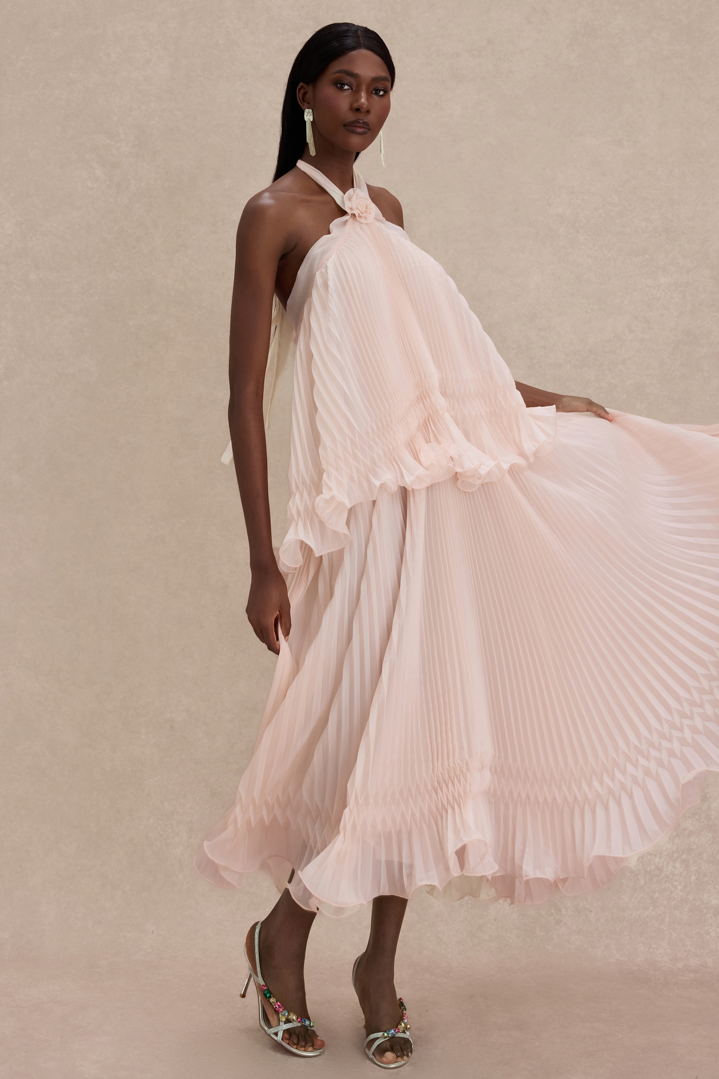 Pleated 3D Flower Halter Neck Midi Dress