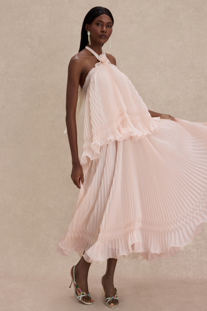 Pleated 3D Flower Halter Neck Midi Dress