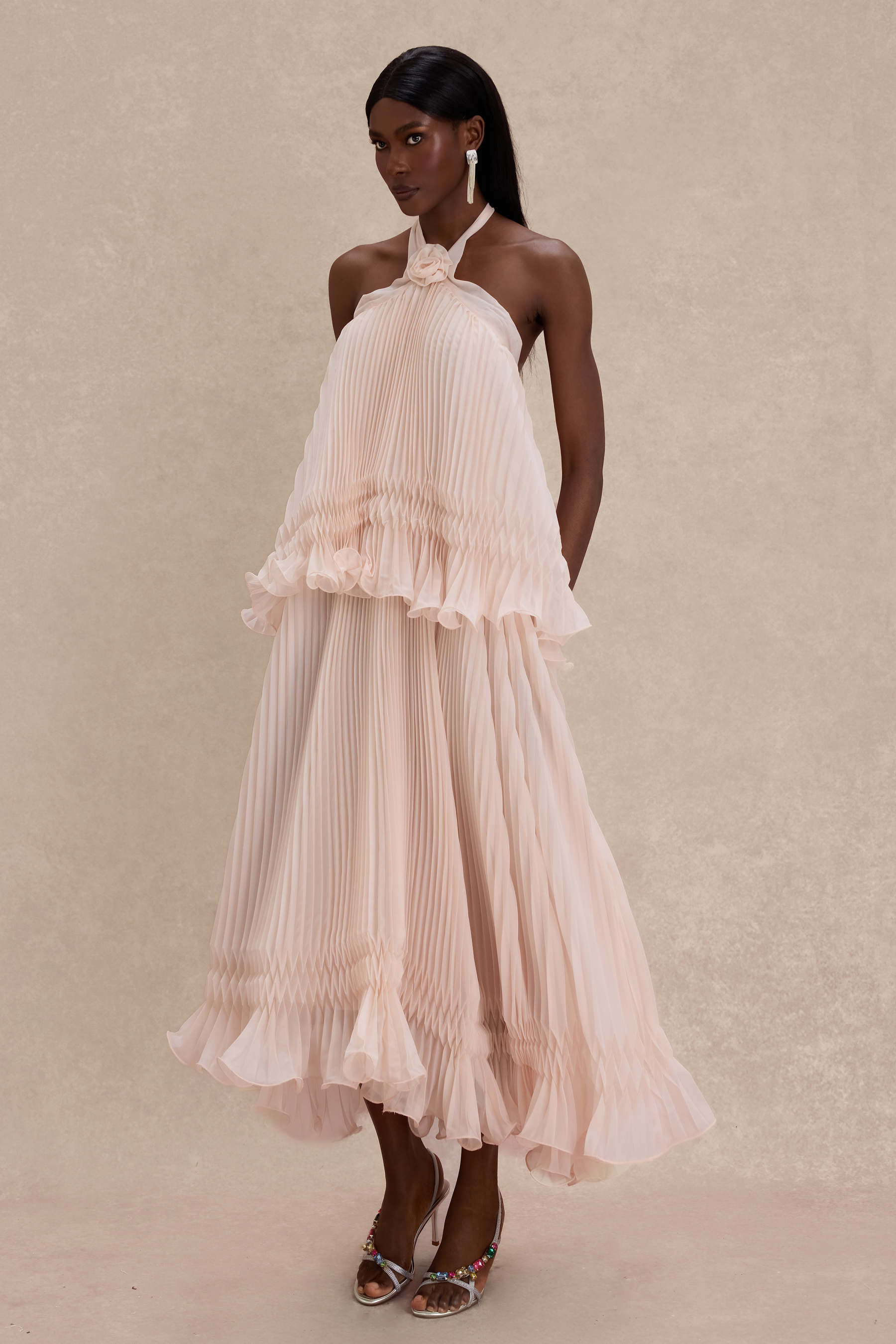 Pleated 3D Flower Halter Neck Midi Dress