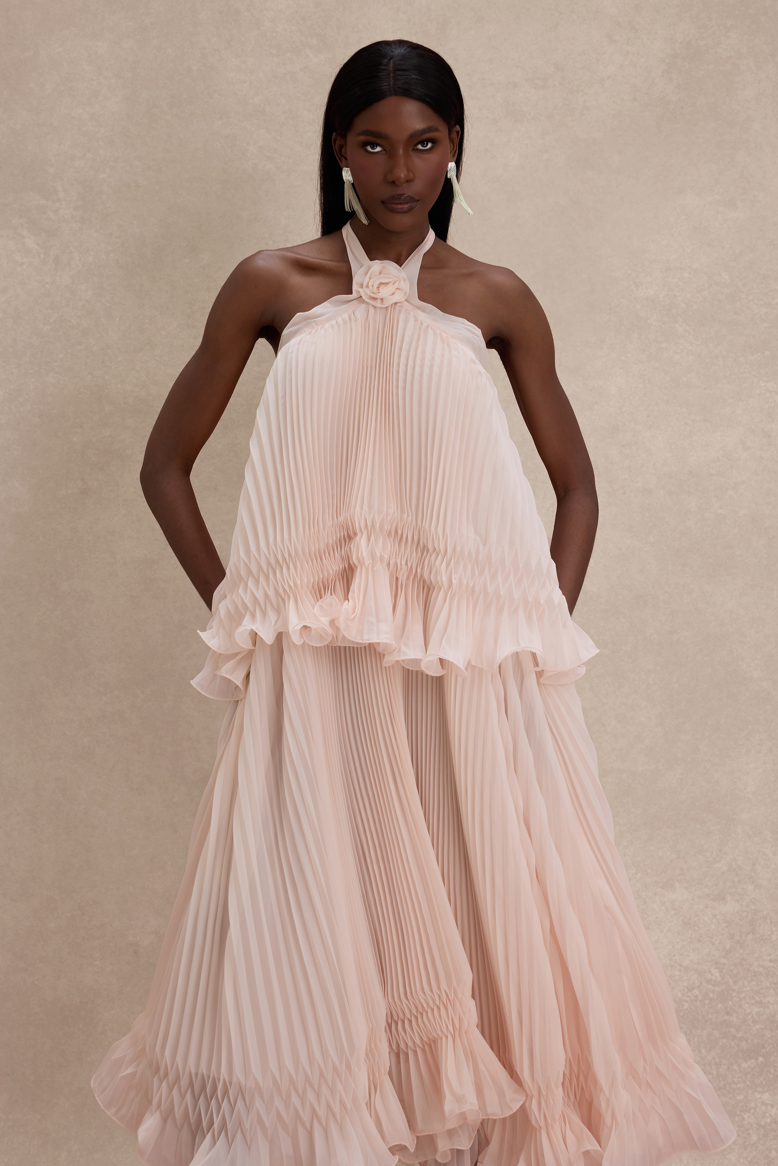 Pleated 3D Flower Halter Neck Midi Dress