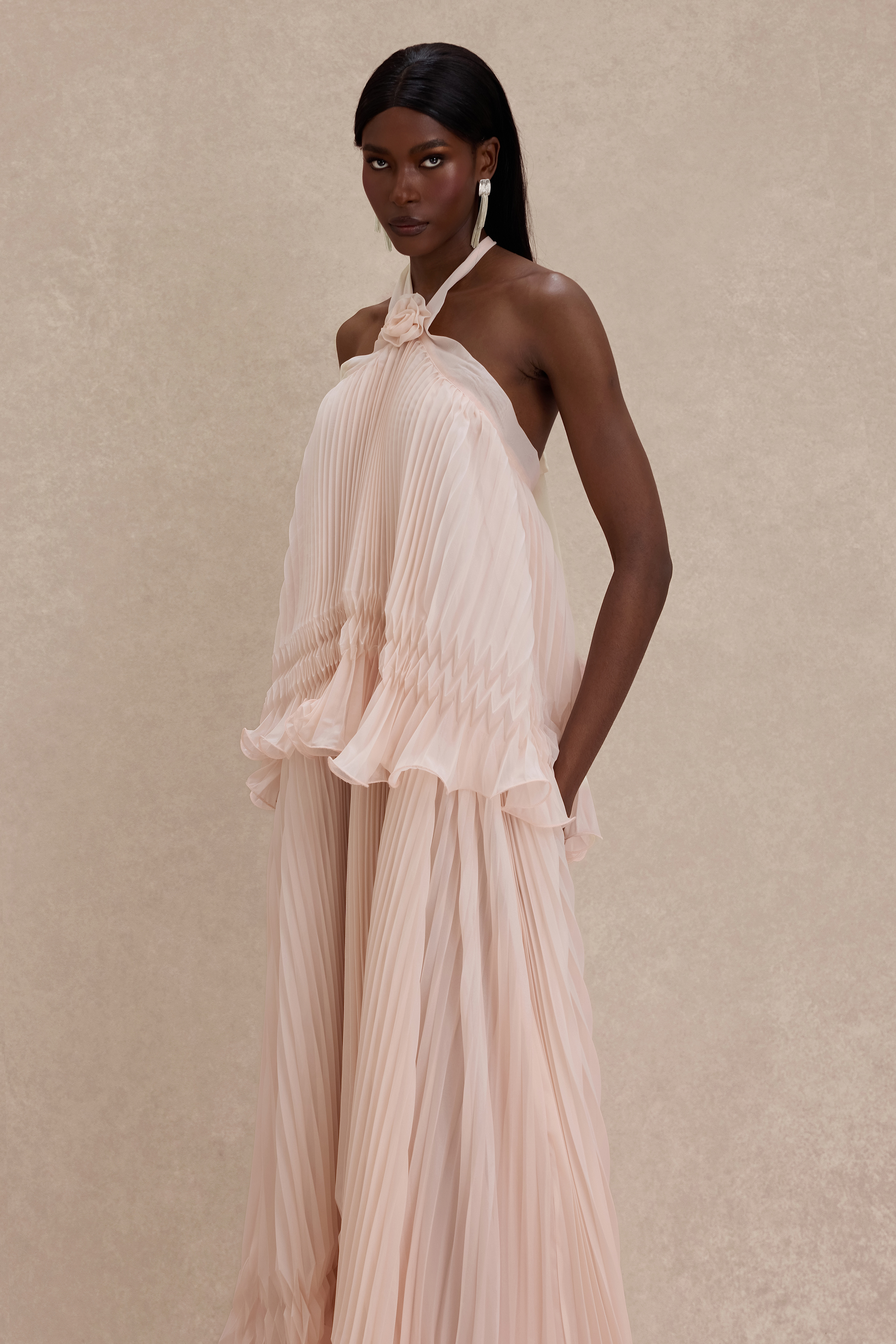 Pleated 3D Flower Halter Neck Midi Dress