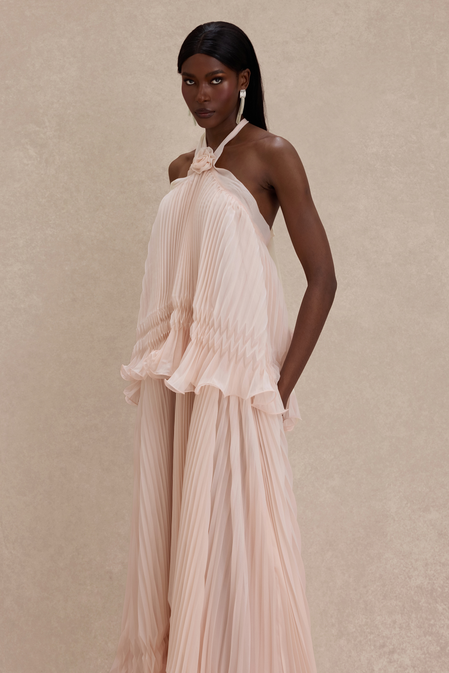 Pleated 3D Flower Halter Neck Midi Dress