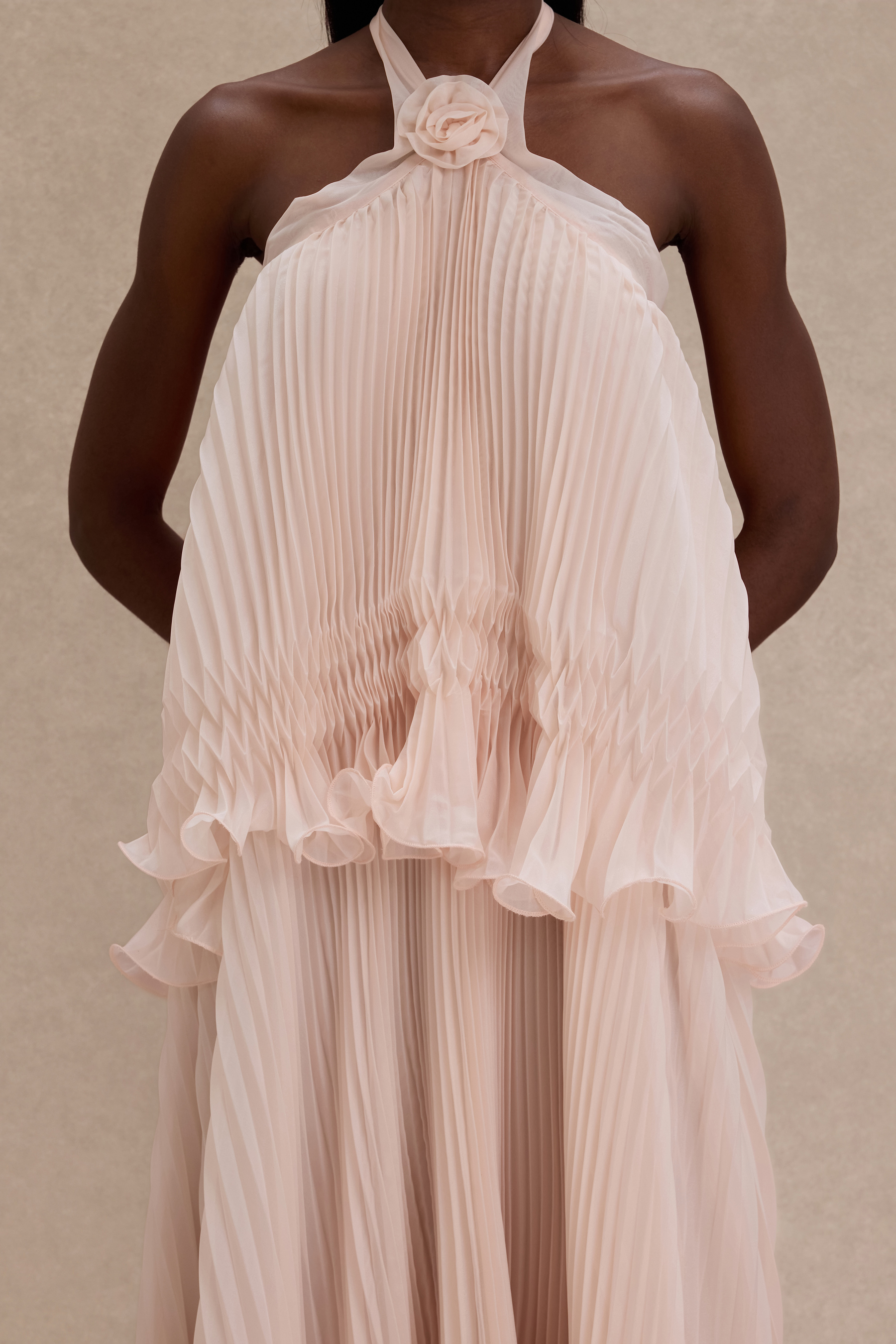 Pleated 3D Flower Halter Neck Midi Dress