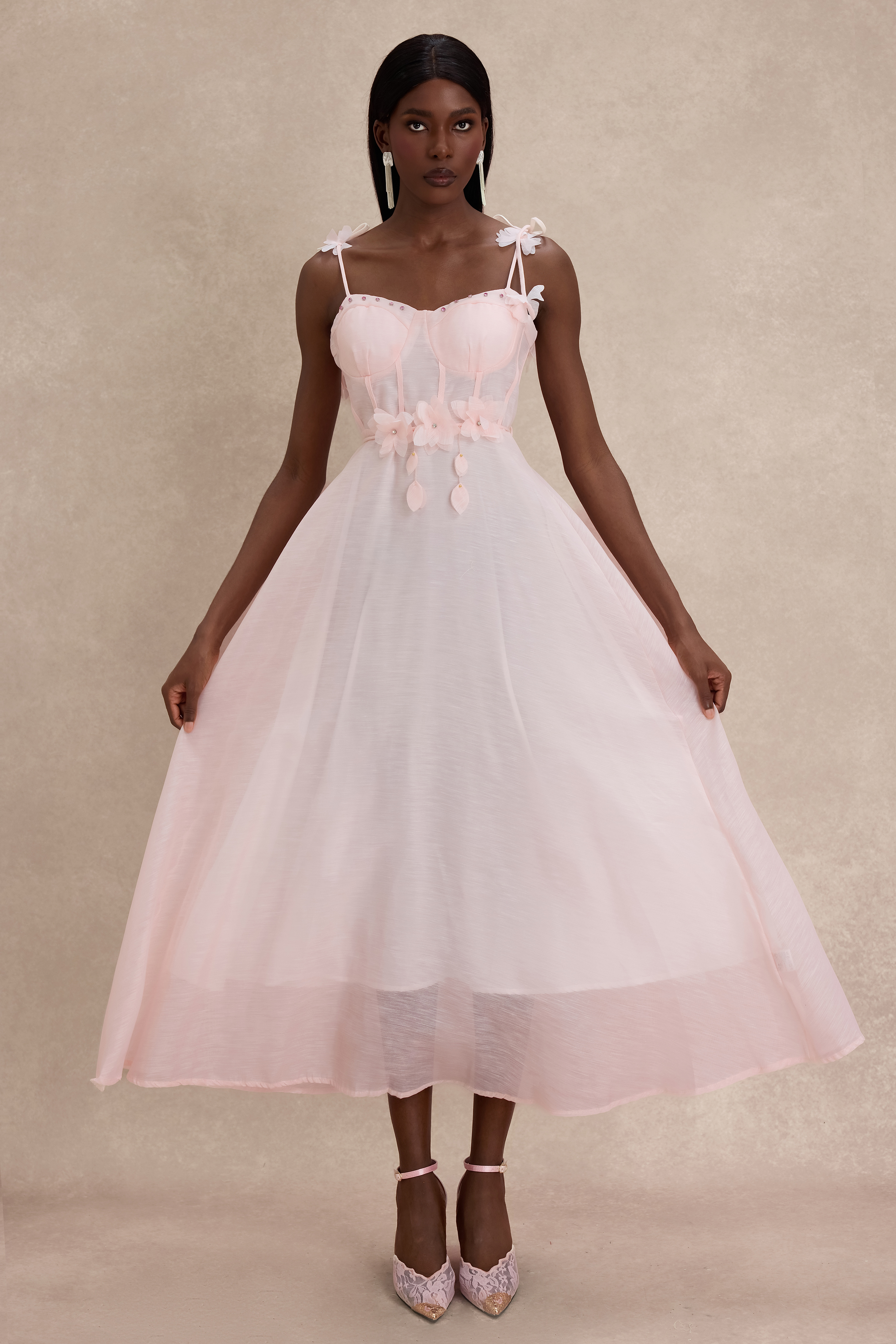 3D Flower Rhinestone Rivets Slip Midi Dress