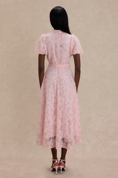 Mesh Floral Sequin Single Breasted Midi Dress