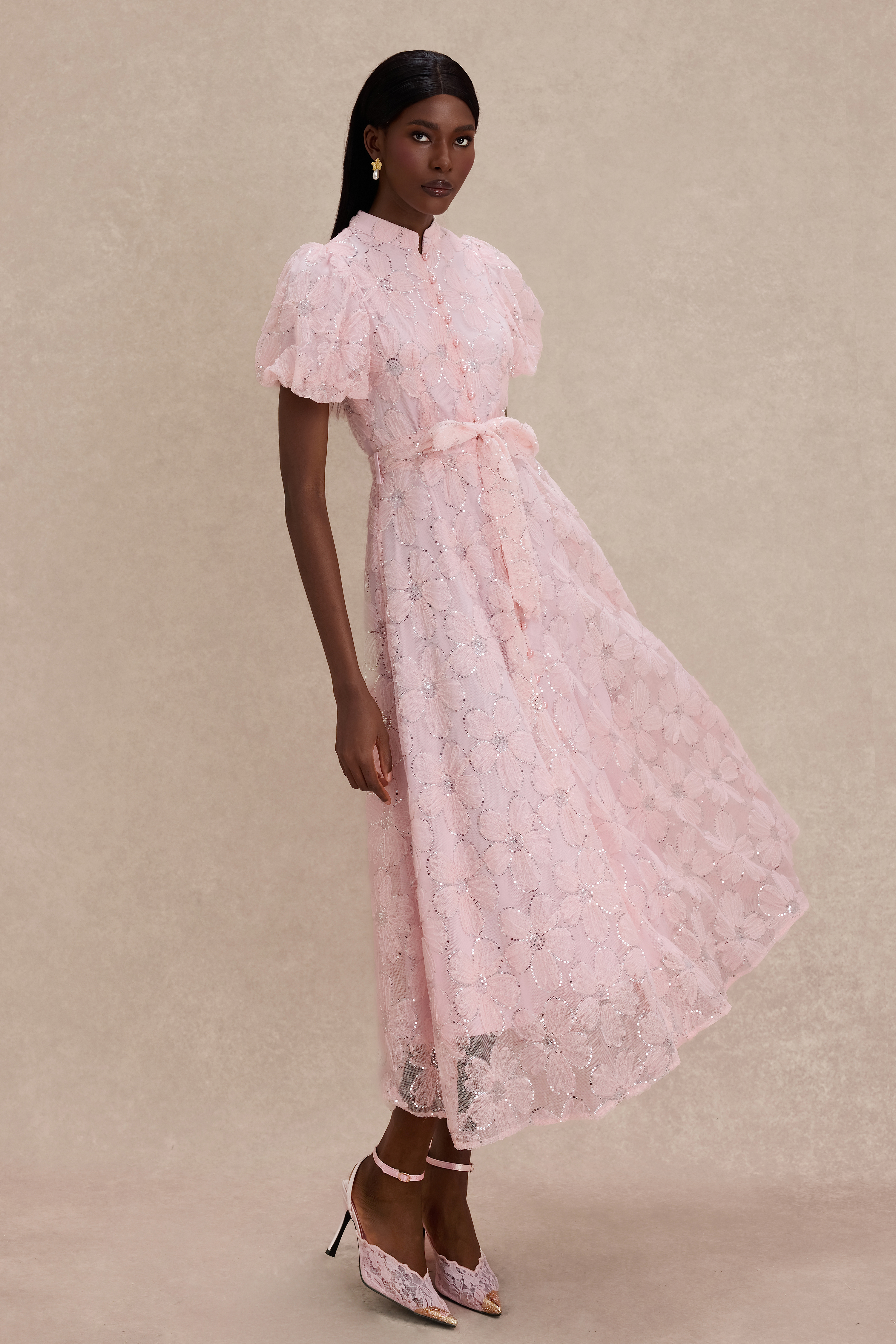 Mesh Floral Sequin Single Breasted Midi Dress