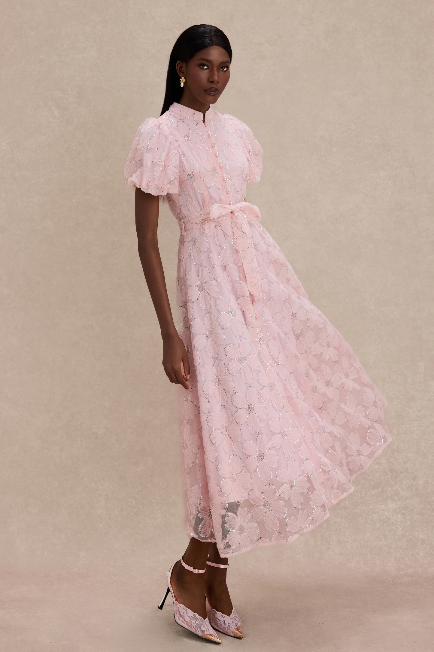 Mesh Floral Sequin Single Breasted Midi Dress