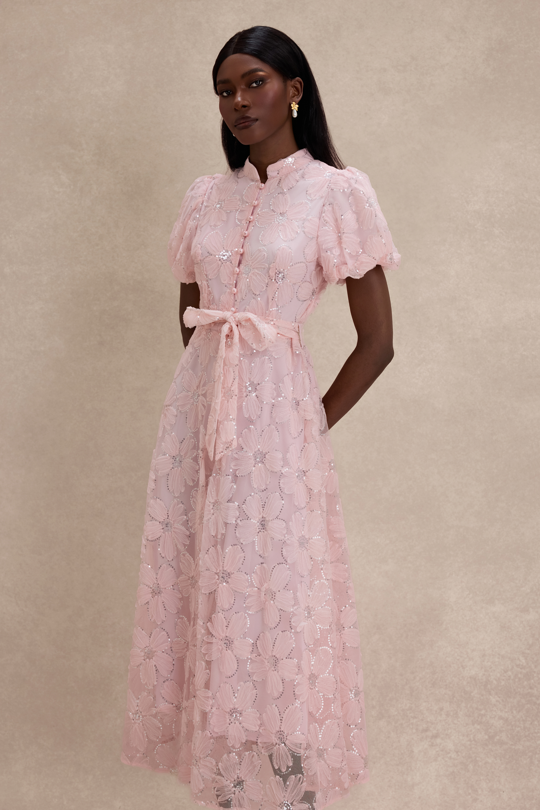 Mesh Floral Sequin Single Breasted Midi Dress