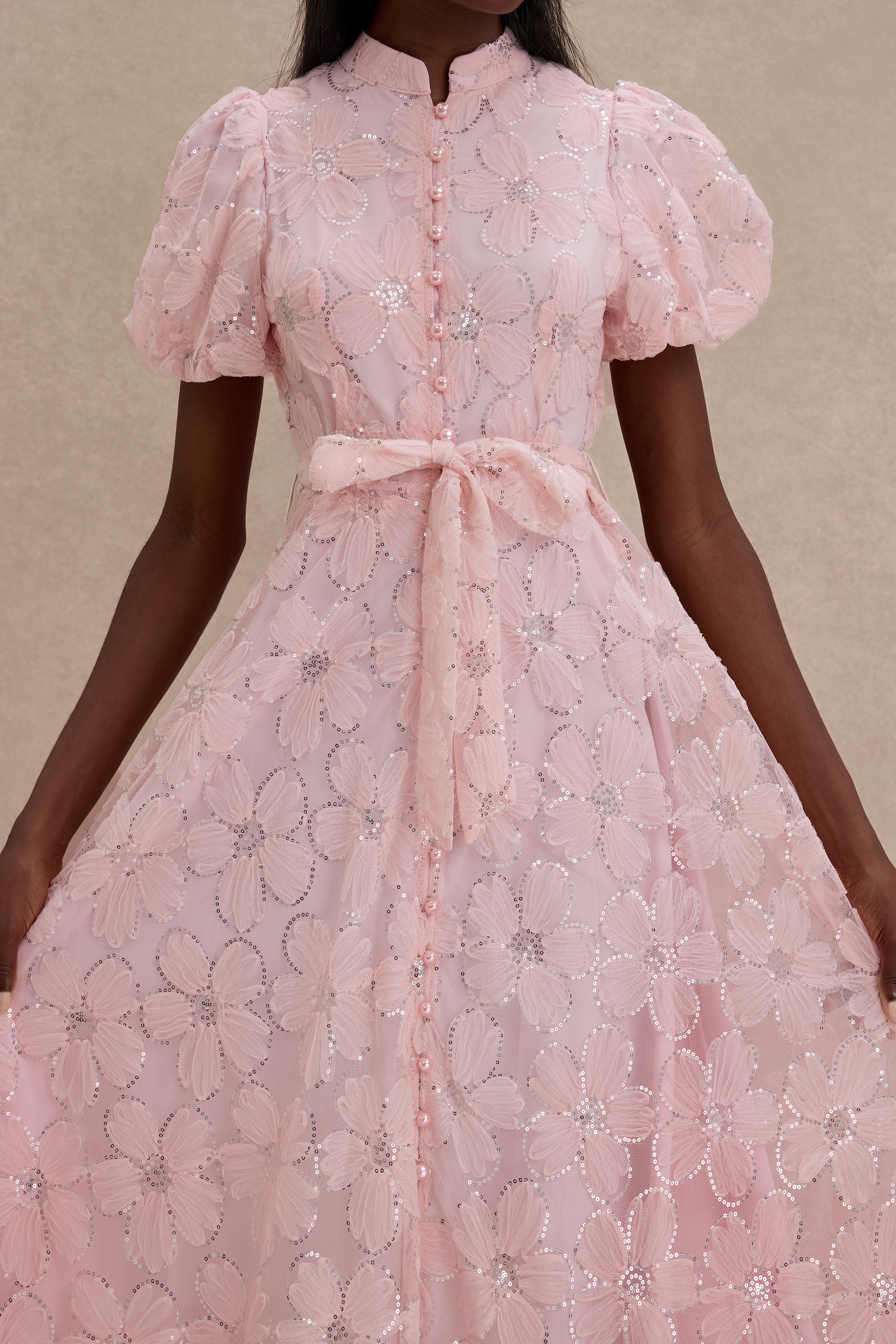 Mesh Floral Sequin Single Breasted Midi Dress